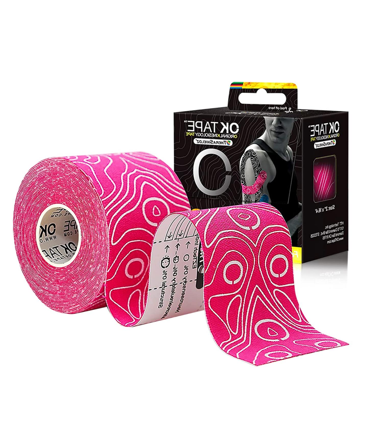 OK Tape Original Cotton Elastic Kinesiology Therapeutic Athletic Tape - 2 Long Roll Strips - Latex Free, Breathable - Pink + White - Buy Online on GoSupps.com