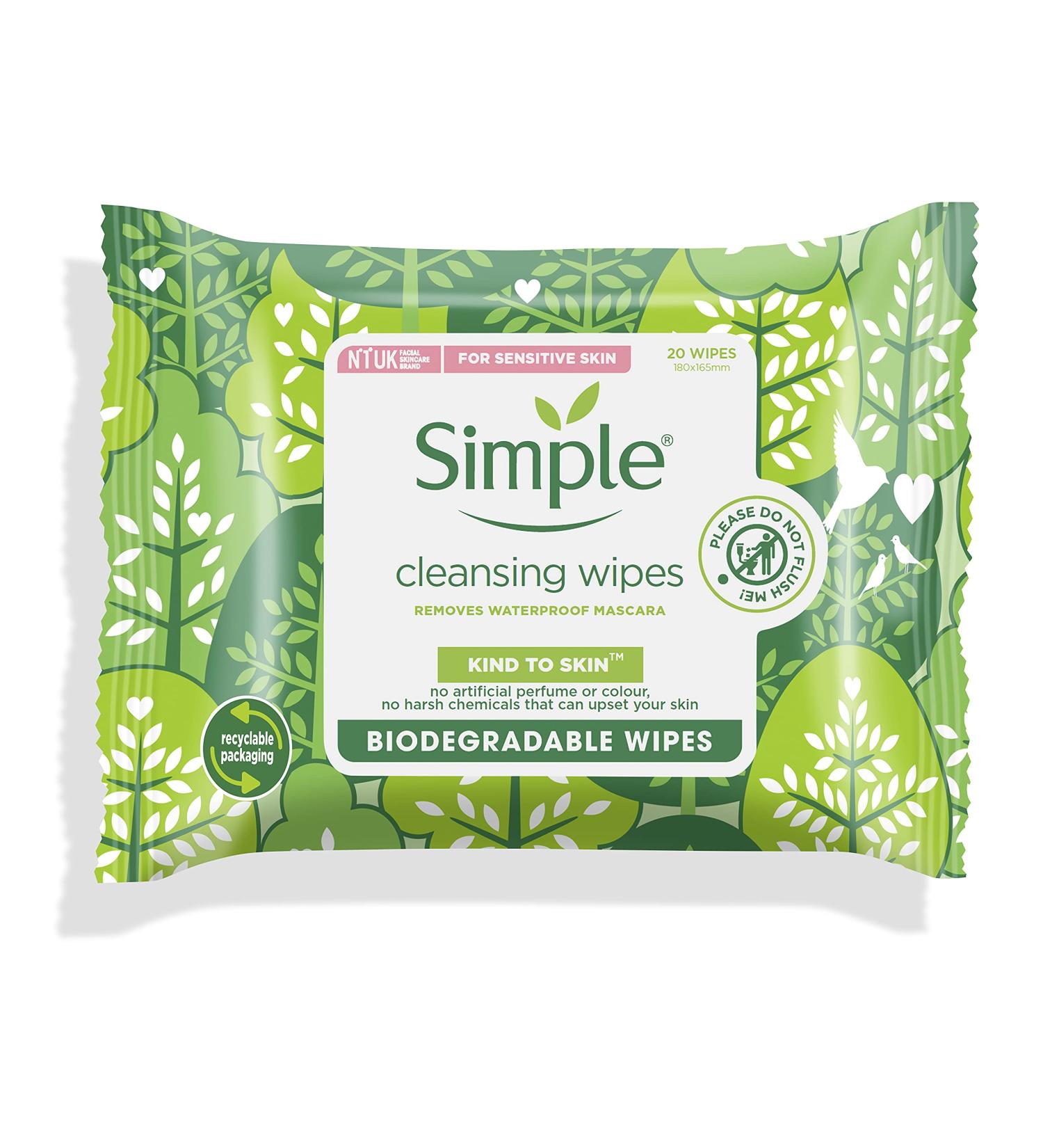 Simple Kind to Skin Biodegradable Cleansing Wipes - 20 PC | Remove Waterproof Makeup | Sensitive Skin Friendly - Buy Online on GoSupps.com