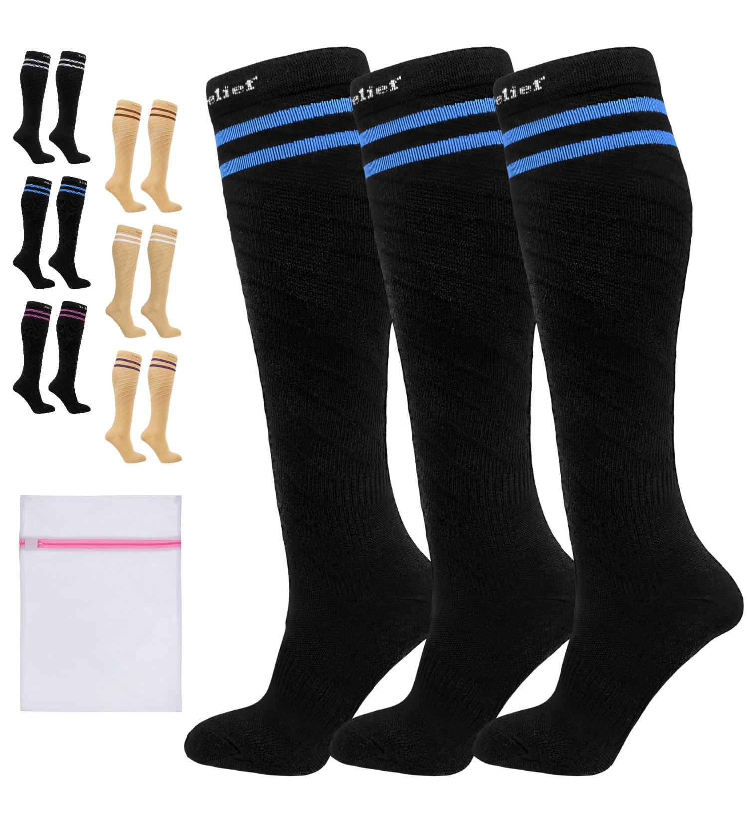 360 RELIEF - Flight Compression Socks Supports | Blood Circulation Travel Work L-XL 3Pairs-Black with 2 Blue lines - Buy Online on GoSupps.com