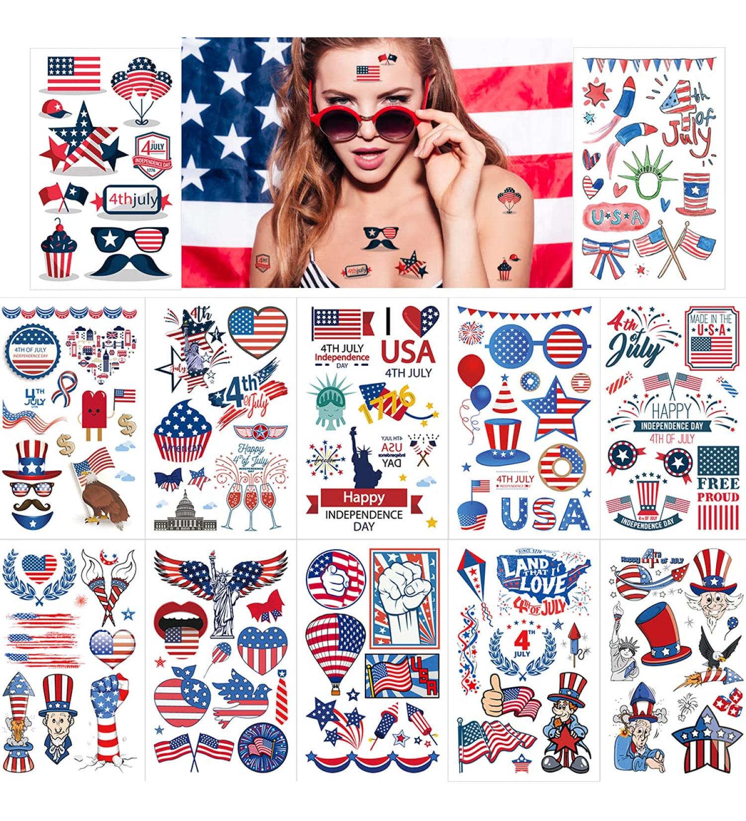 Fanoshon Fourth of July Temporary Tattoos Set - Patriotic Red, White, and Blue American Flag Stickers for Kids & Adults - 12 Sheets 4th of July Party Supplies - Buy Online on GoSupps.com