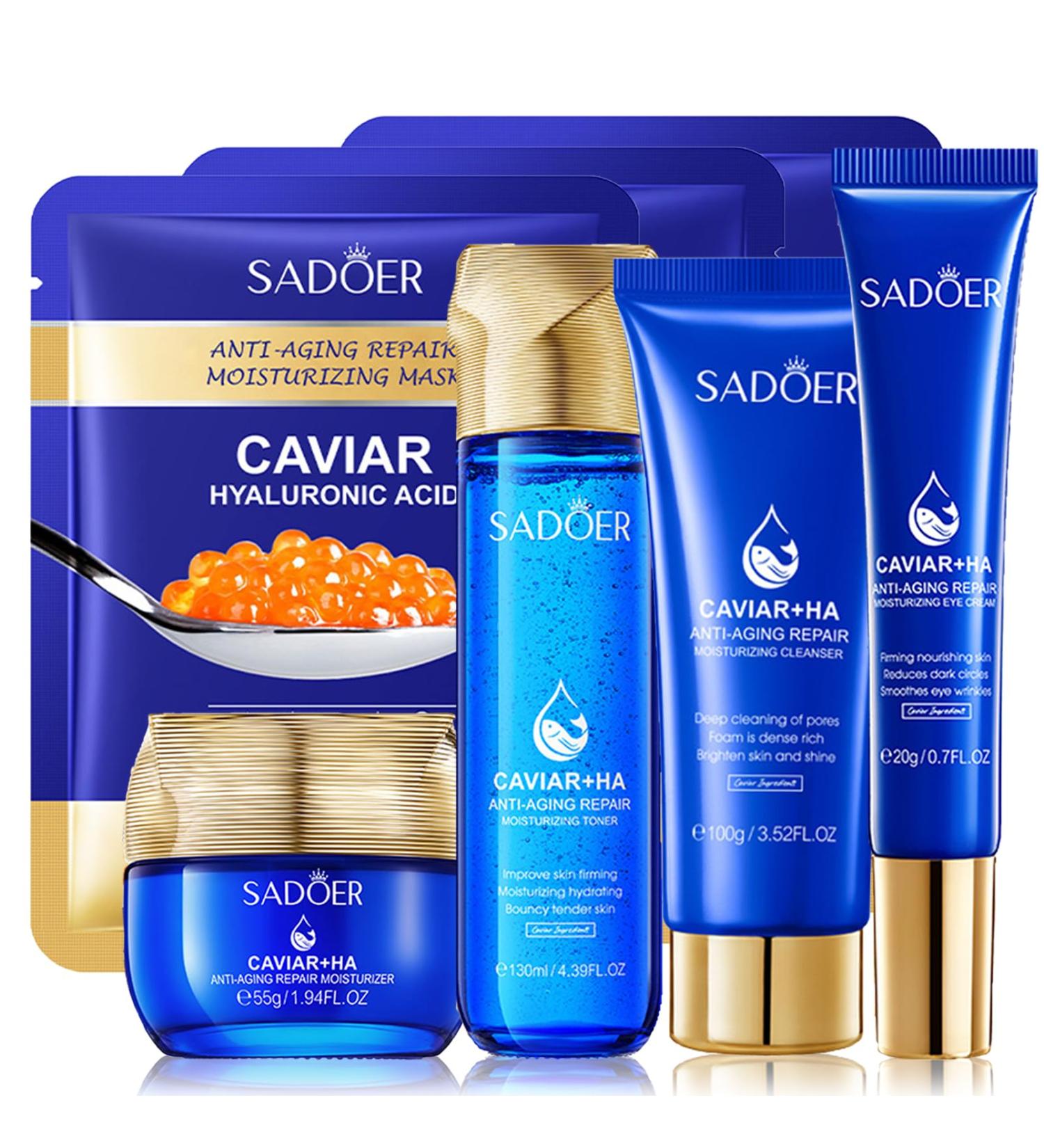 Caviar Essence & Hyaluronic Acid Skincare Set Skin Care Set Face Care Set For Women With Face Cream Toner Cleanser Eye Cream Face Mask Skin Care Routine Pamper Gift Set For Her - Buy Online on GoSupps.com