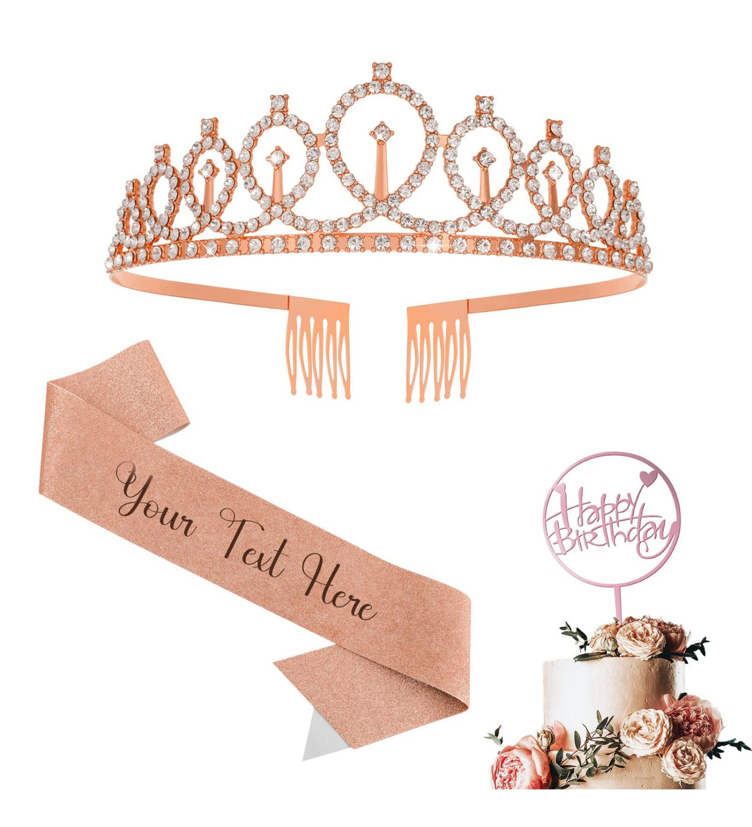 Personalized Birthday Sash & Crown Set for Women - Birthday Cake Toppers & Gift Kit - Rhinestone Hair Accessories - Rose Gold - Buy Online on GoSupps.com