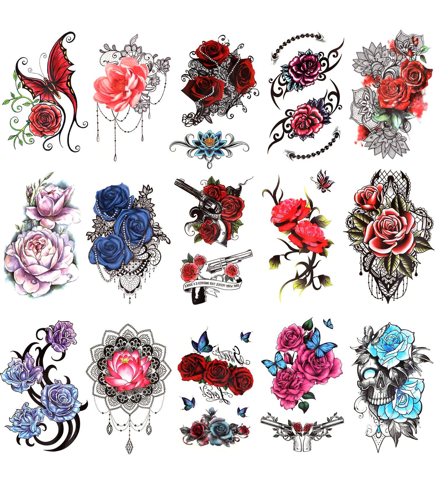 Konsait Flower Temporary Tattoos - 15 Sheets | Rose Skull Butterfly Designs | Arm Sleeves Stickers for Women, Girls, Kids | Decorative Body Art - Buy Online on GoSupps.com