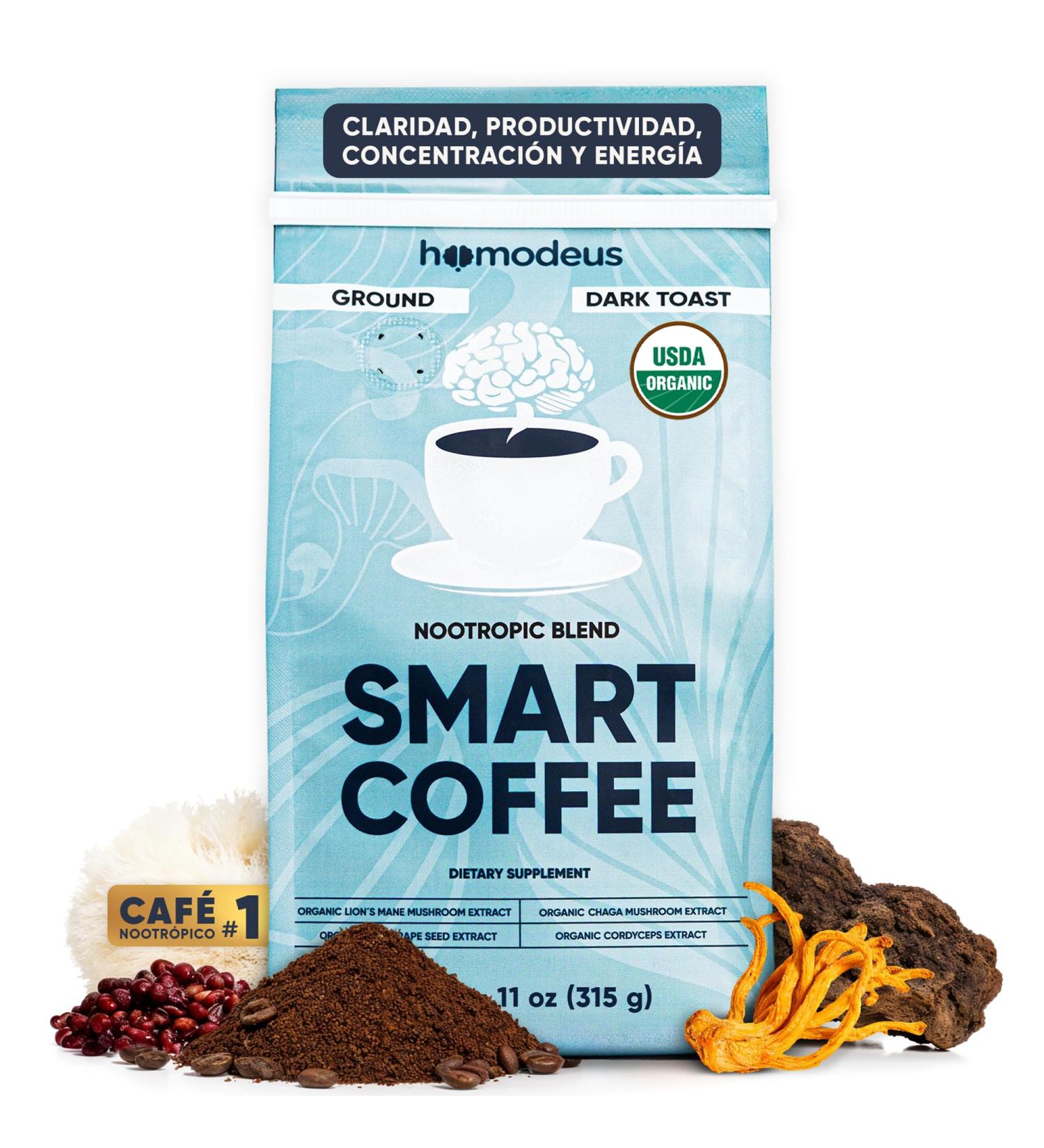 Organic Mushroom Coffee Ground Nootropic with Lions Mane Chaga Cordyceps & Red Grape Seed | Dark Roast for Focus Clarity Productivity & Brain Energy | Homodeus Smart Keto Coffee 30 Servings - Buy Online on GoSupps.com