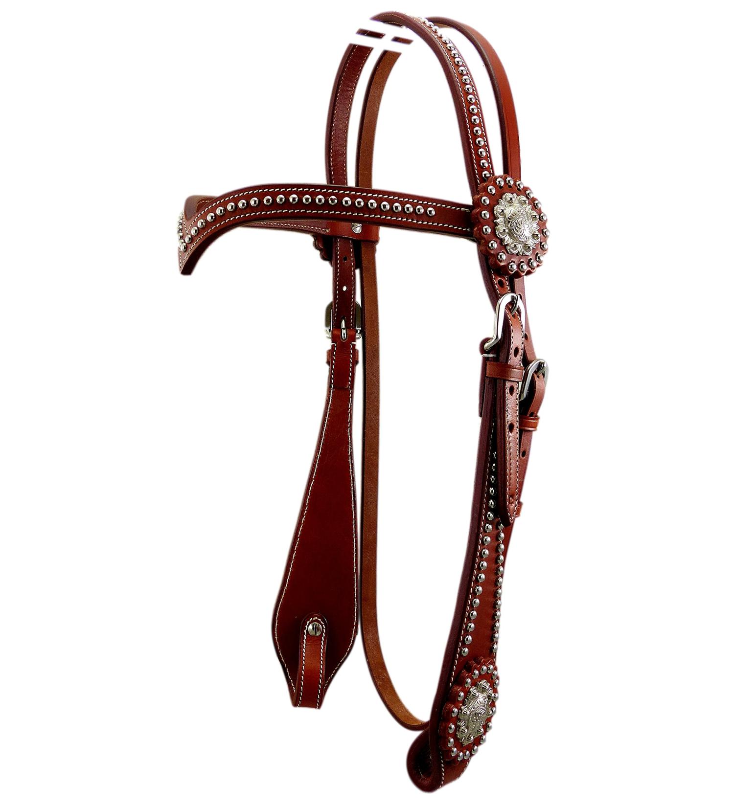 Thor Equine Headstall Allan Western Bridle with Concha and Dots V-Shaped Chesnut Chesnut Cob