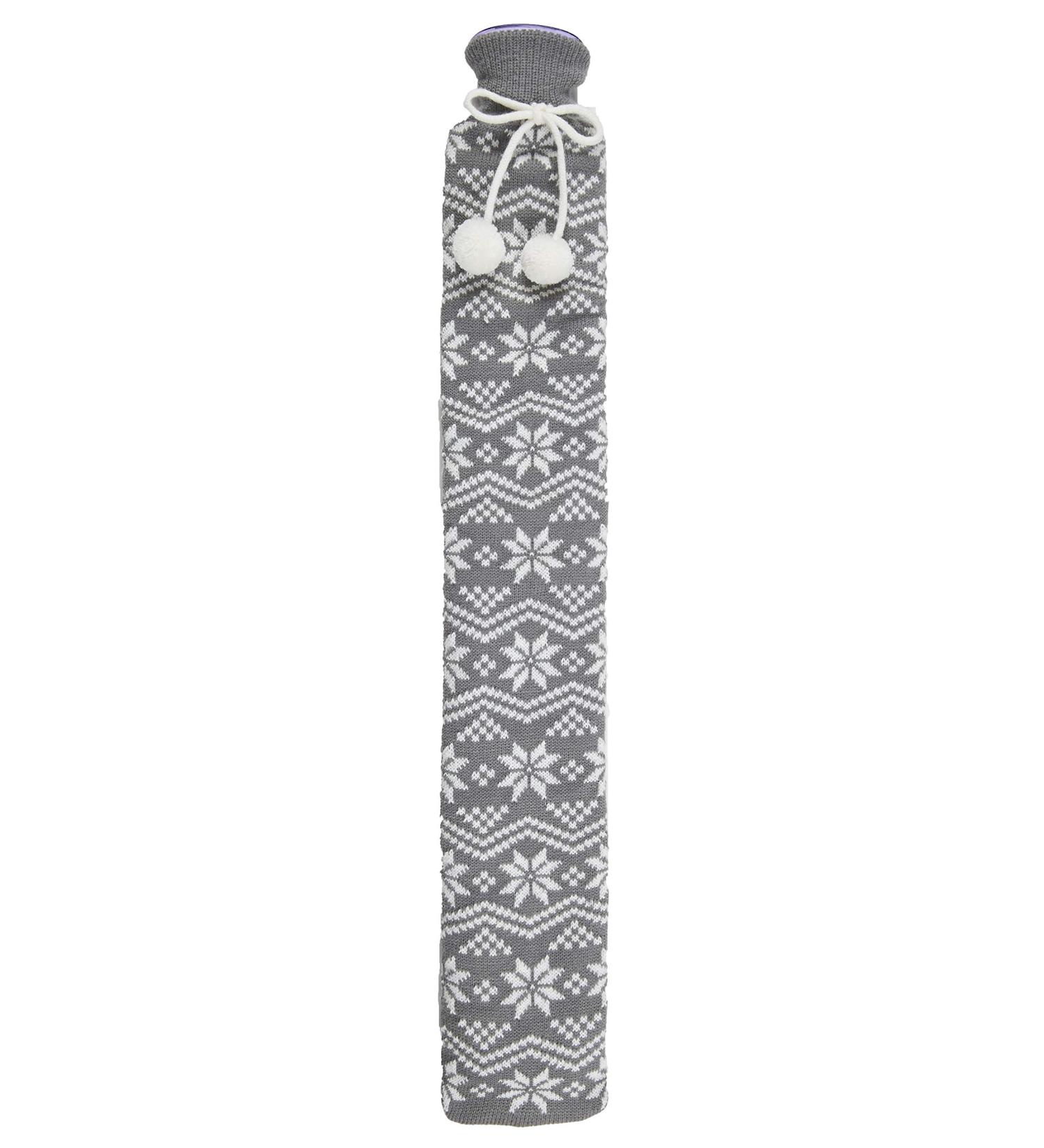 Warmies extra long hot water bottle in grey knitted cover with Nordic snowflake pattern Grey snowflake