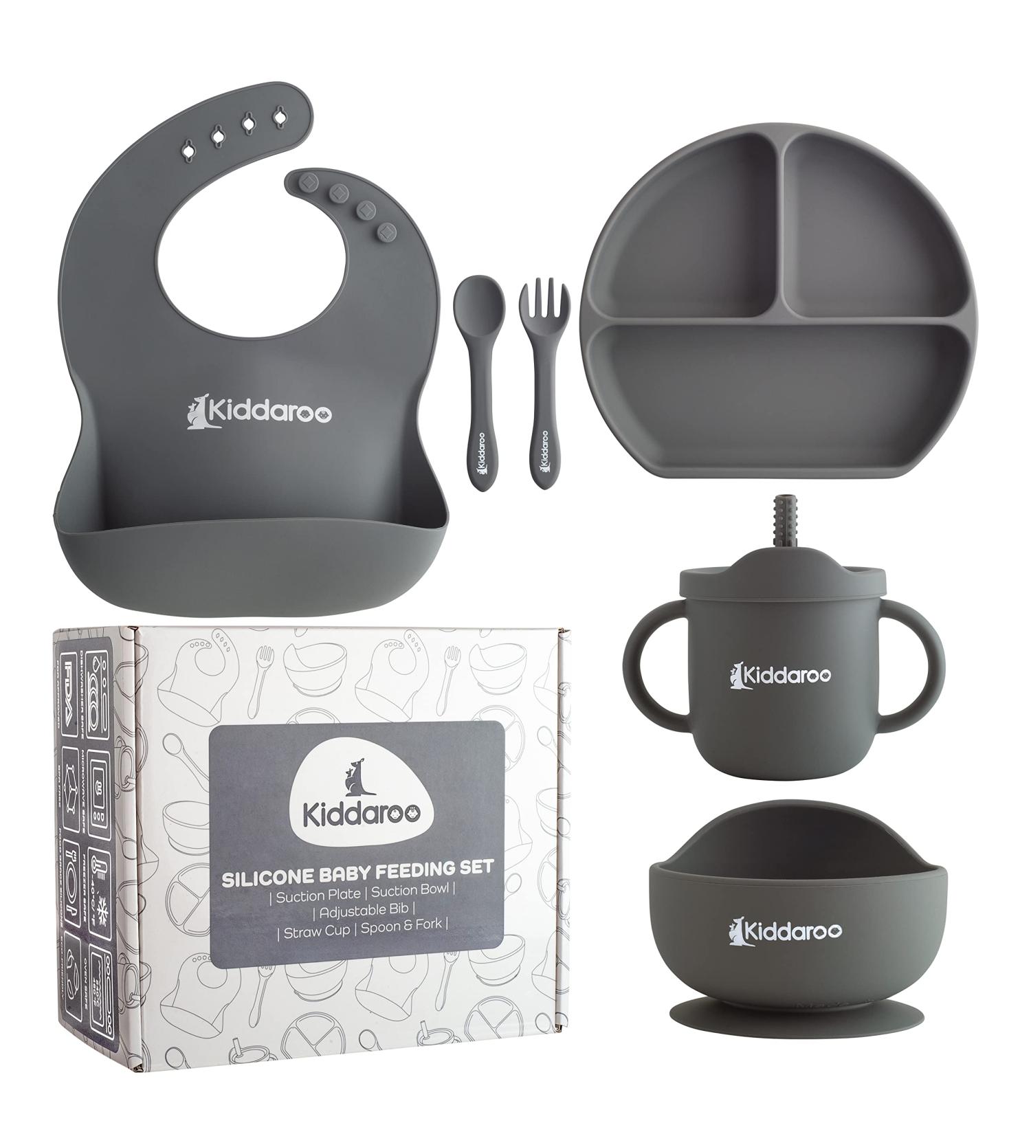 Kiddaroo Baby Weaning Set - Feeding Bib, Sippy Cup, Cutlery, Suction Plate & Bowl - Grey | Baby Led Weaning Essentials with eBook - Buy Online on GoSupps.com