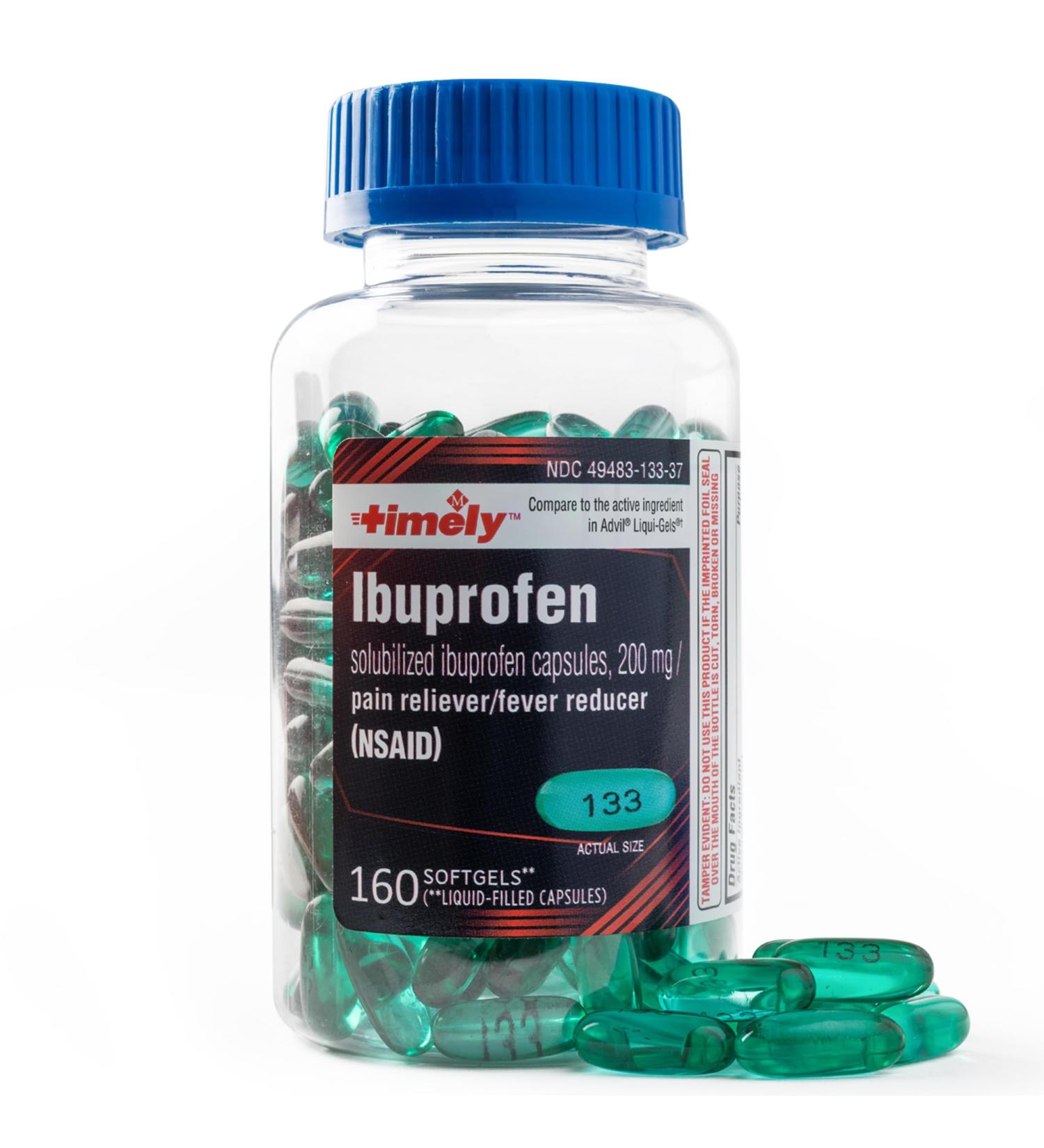 Timely Ibuprofen 200mg - 160 Liquid Softgels for Pain & Fever Relief - Comparable to Advil Liqui-Gels - Headache Menstrual Tooth & Muscular Pain Relief - Buy Online on GoSupps.com