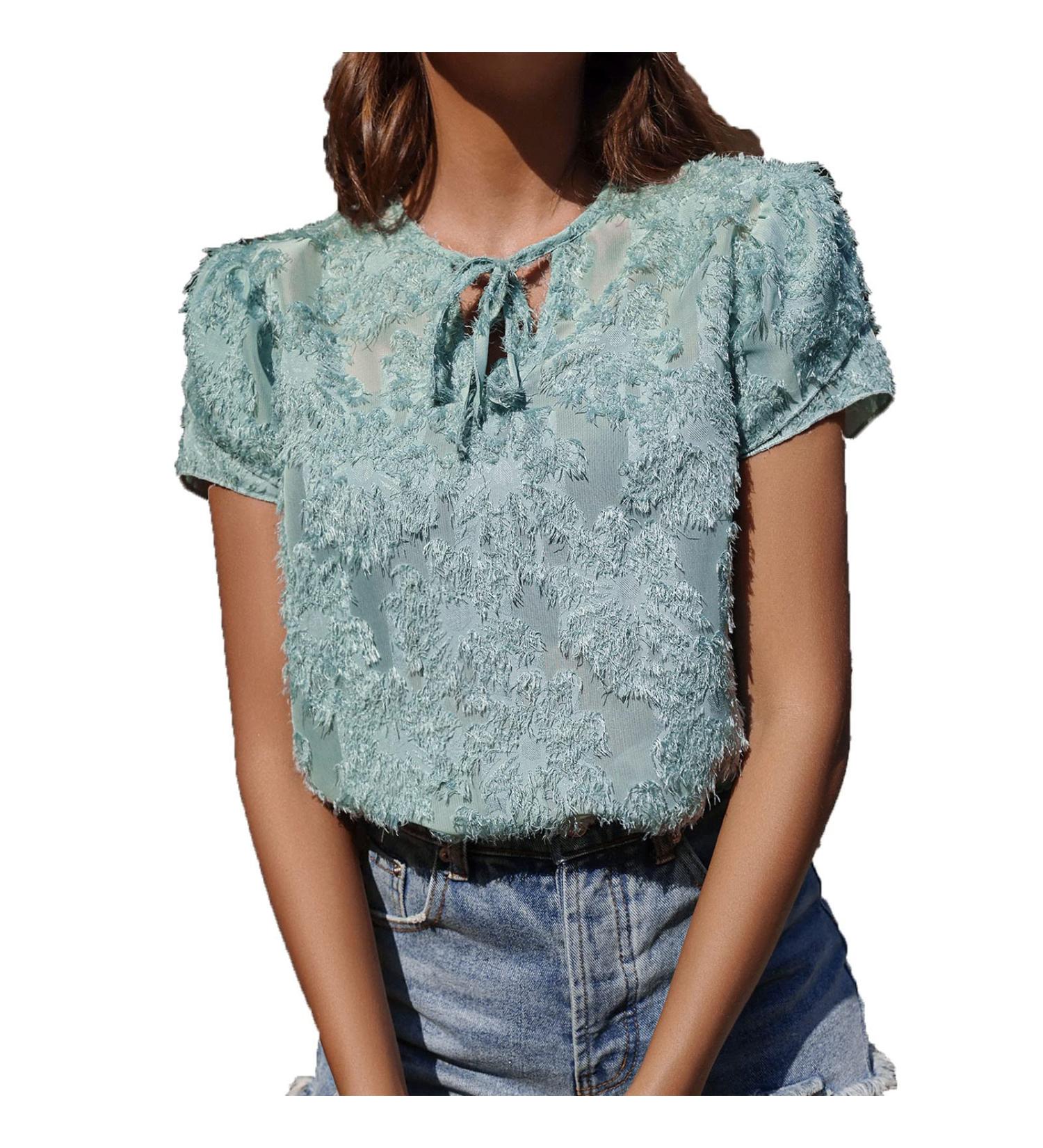 Women's Casual Solid Short Sleeve Workout Top - Spring O Neck Tie Pullover Blouse - X-Large Green - Buy Online on GoSupps.com