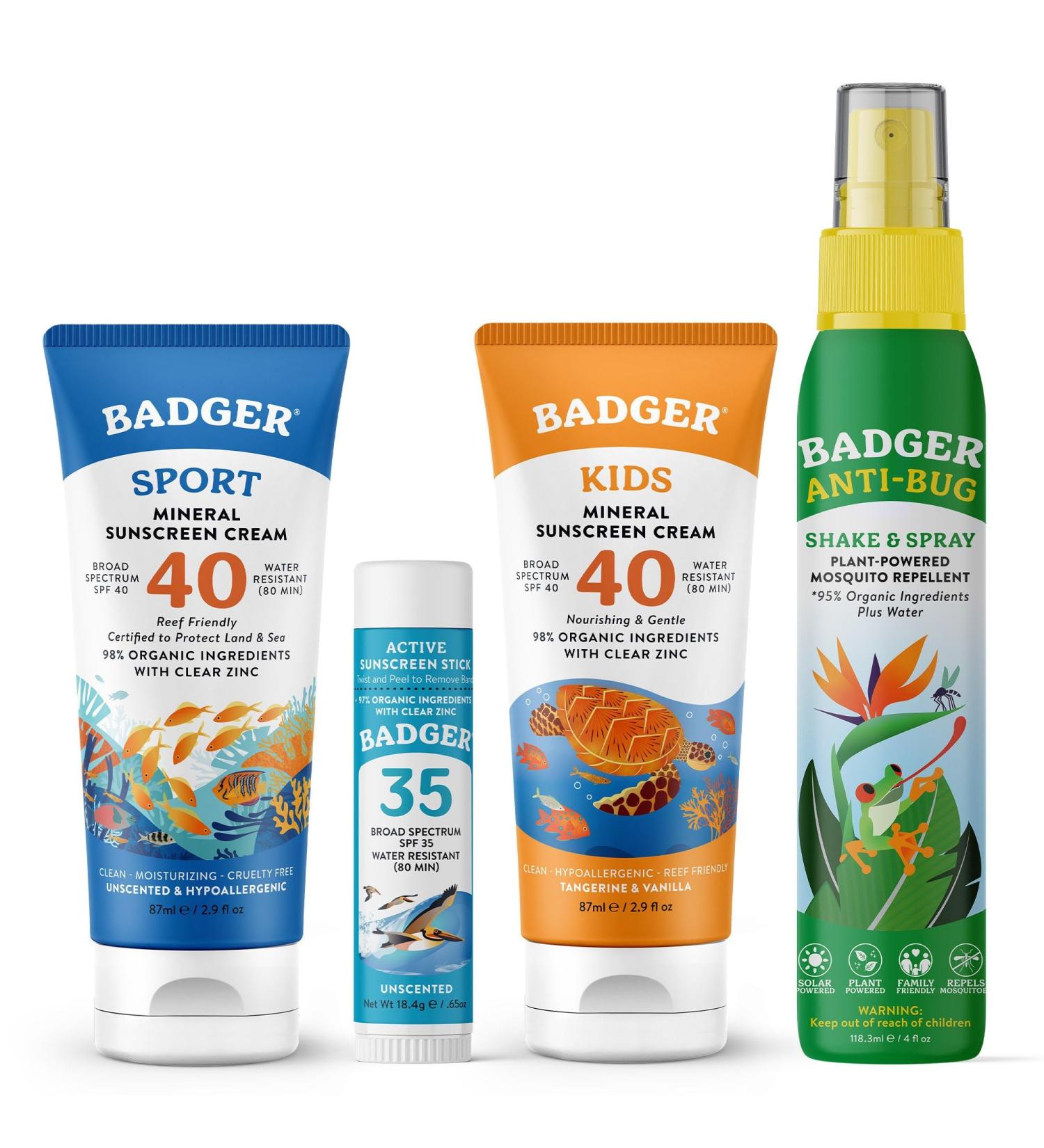 Badger Sun & Bug Bundle - SPF 40 Sport Mineral Sunscreen SPF 40 Kids Sunscreen SPF 35 Face Sunscreen Stick and Bug Spray Reef-Friendly Sunscreen with Zinc Oxide and DEET-Free Insect Repellent - Buy Online on GoSupps.com