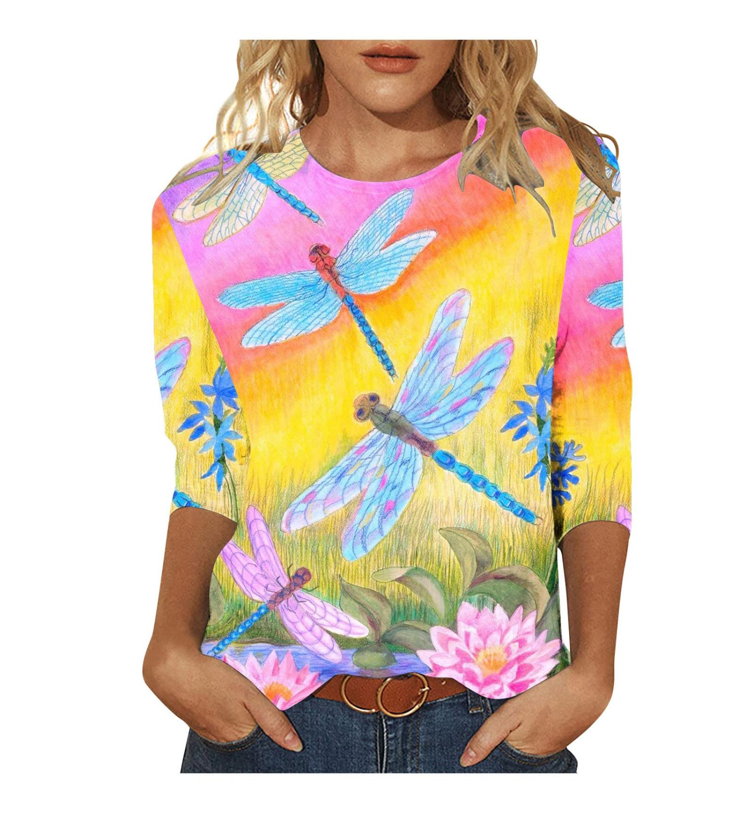 2024 Women's 3/4 Length Sleeve Casual Summer Blouses | Floral Printed Crewneck Tops - Loose Fit Pullover - Buy Online on GoSupps.com