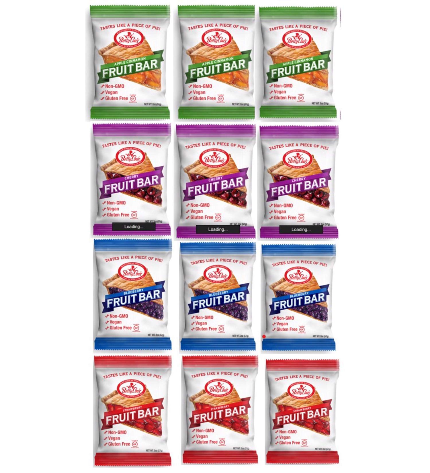 Betty Lou's Fruit Bars Variety Pack - Apple, Blueberry, Strawberry & Cherry (12 Bars) - Buy Online on GoSupps.com