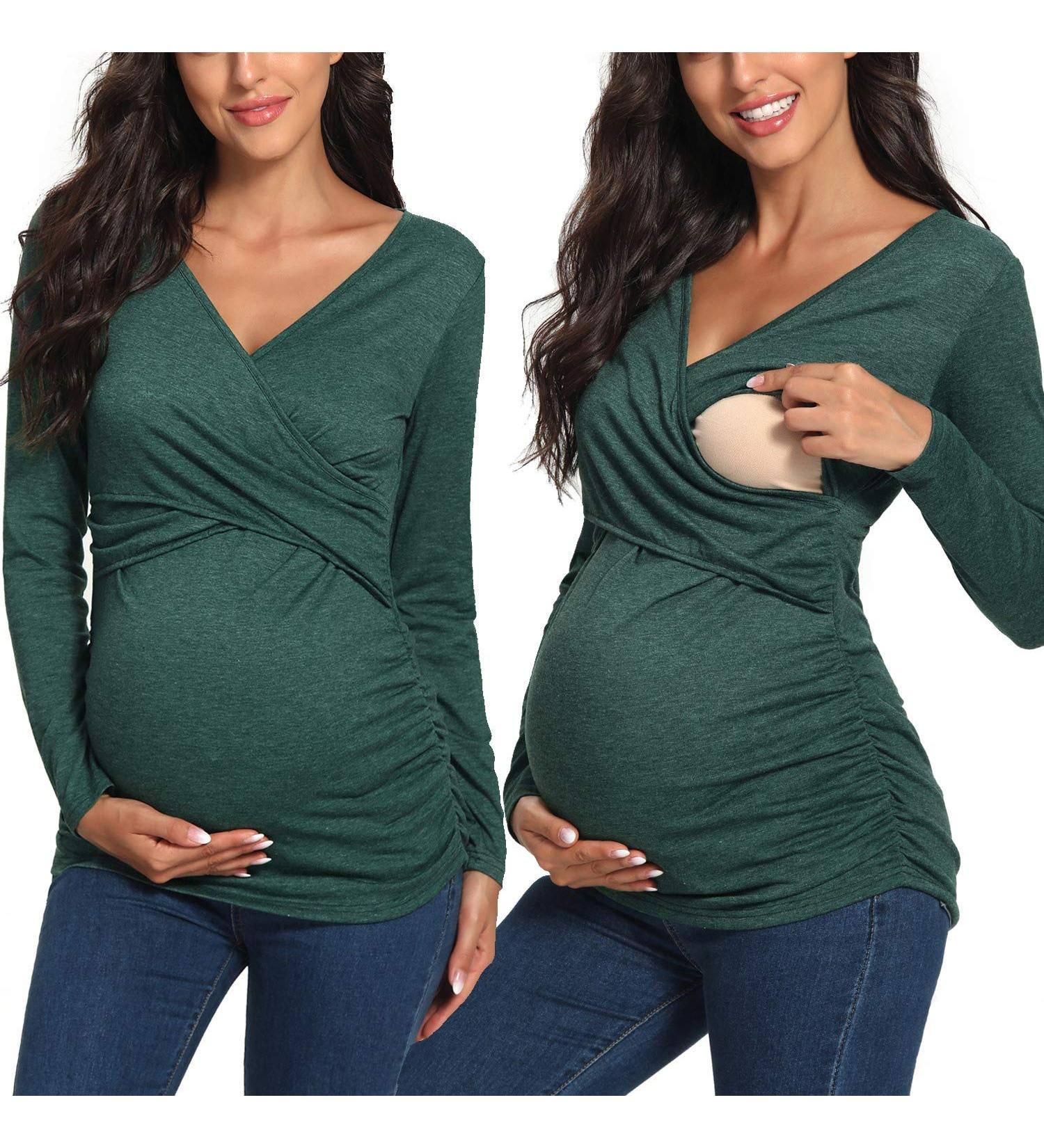 Love2Mi Maternity Nursing Shirt | Short Sleeve V-Neck Breastfeeding T-Shirt | Pregnancy Top | Dark Green - Buy Online on GoSupps.com