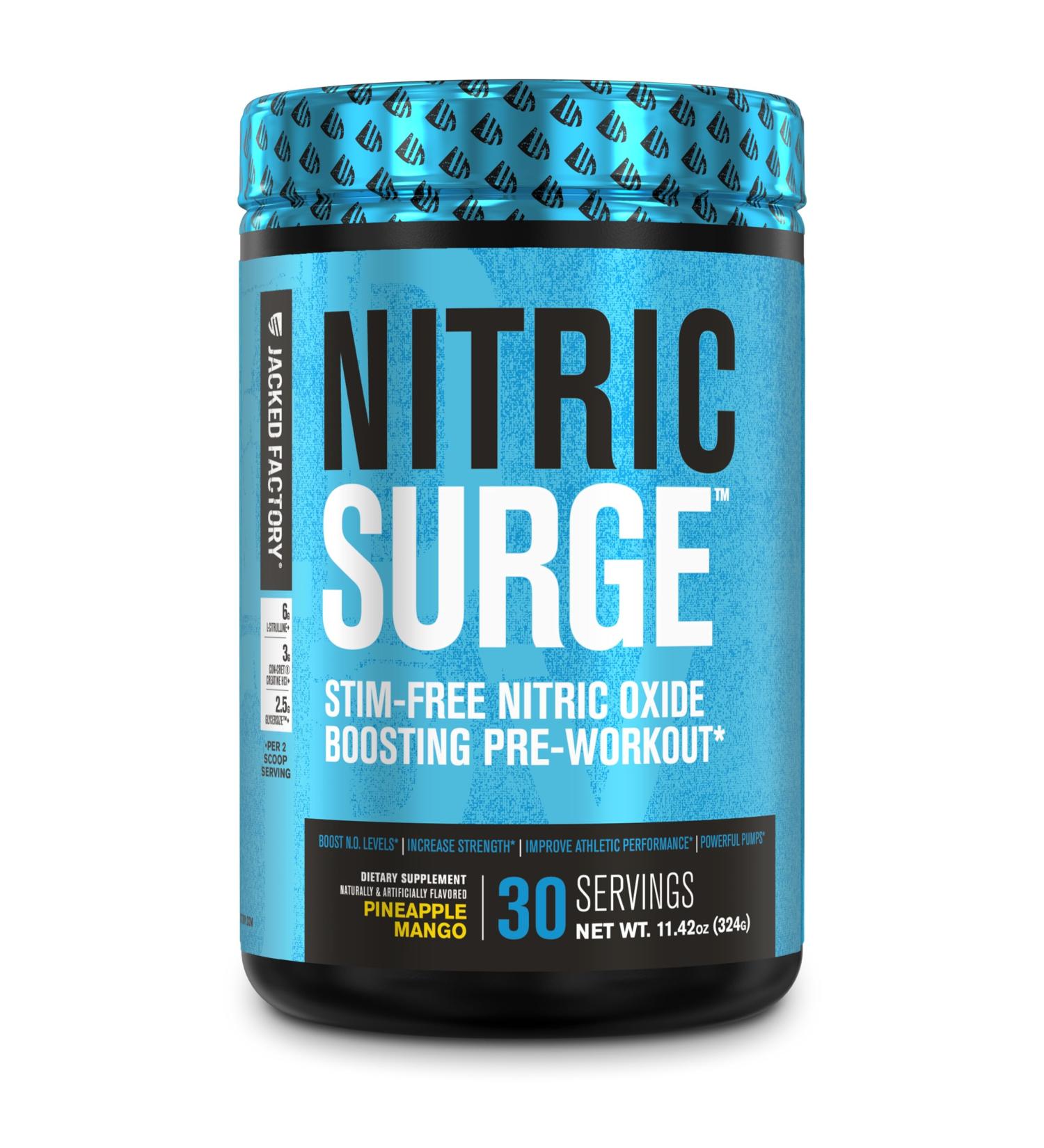 Nitric Surge Stim Free Pre Workout Powder - Caffeine Free Nitric Oxide Supplement with Con-Cret Creatine L Citrulline & GlycerSize for Enhanced Performance & Hydration - Pineapple Mango 30 Servings - Buy Online on GoSupps.com