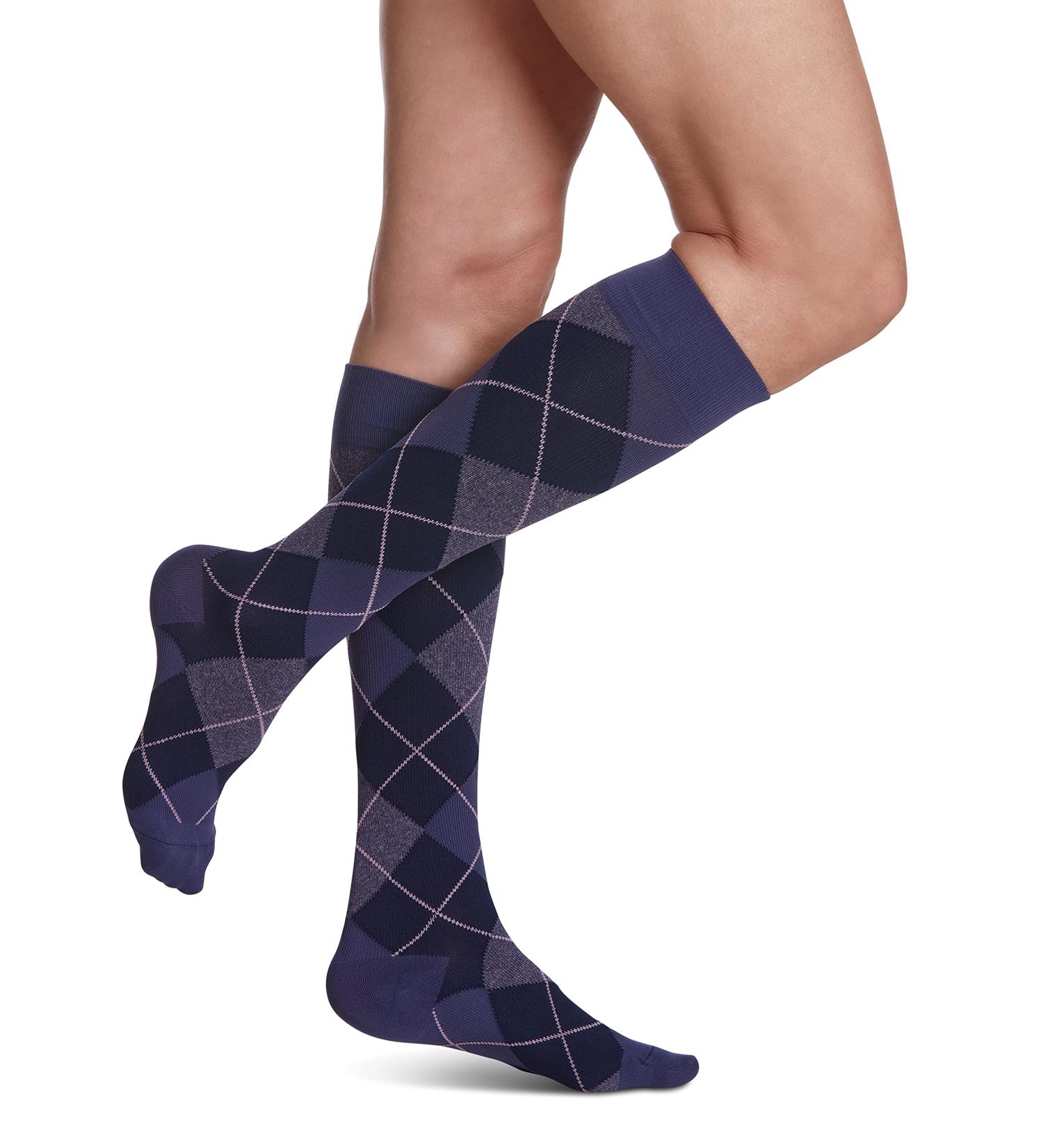 Sigvaris Women's Microfiber Patterns 830 Closed Toe Calf-High Socks 20-30mmHg - Purple Argyle - Medium Short | Comfortable Compression for International Shipping - Buy Online on GoSupps.com