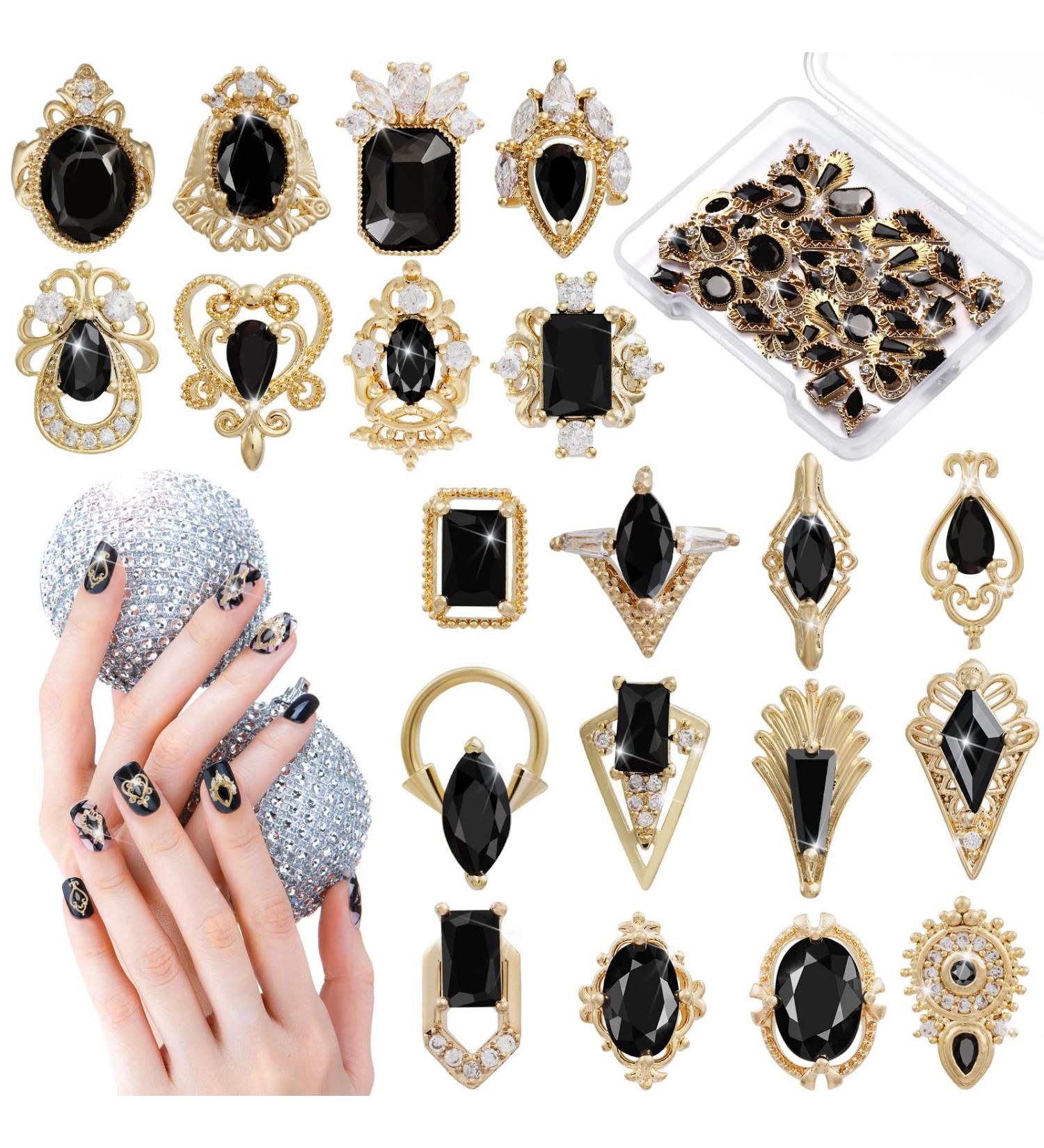 20-Piece 3D Black Nail Charms Kit | Gold Metal Alloy Rhinestones for Nail Art & Jewelry DIY - Buy Online on GoSupps.com