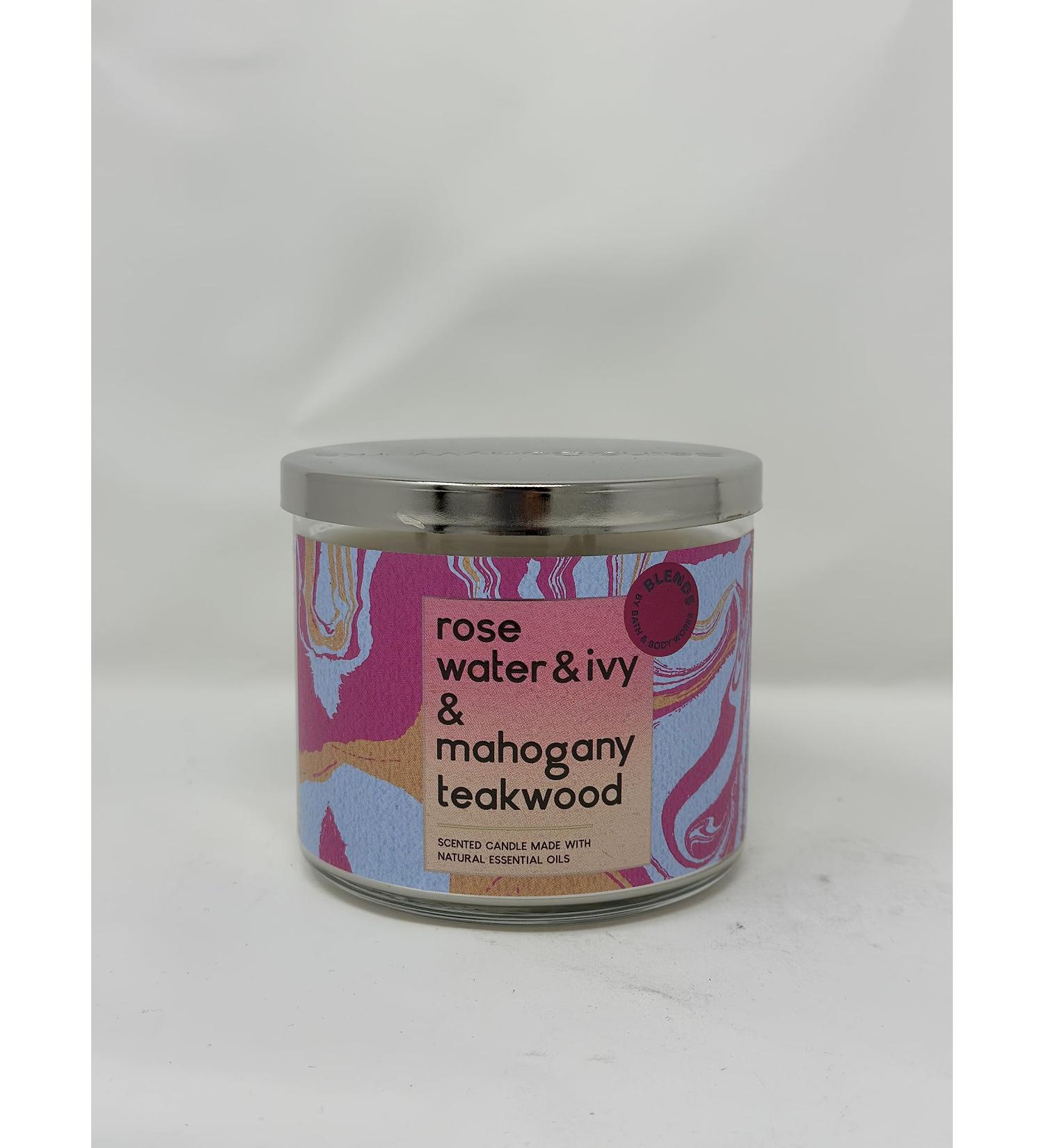 Rose Water & Ivy & Mahogany Teakwood 3-Wick Candle 14.5 oz / 411 g Made with Natural Essential Oil