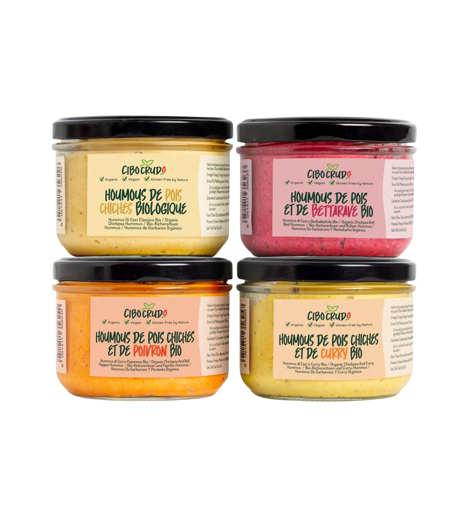 Organic Chickpea Hummus - Mix of 4 Flavors of 220g. Hummus with Chickpeas Sesame Seeds. Contains Protein