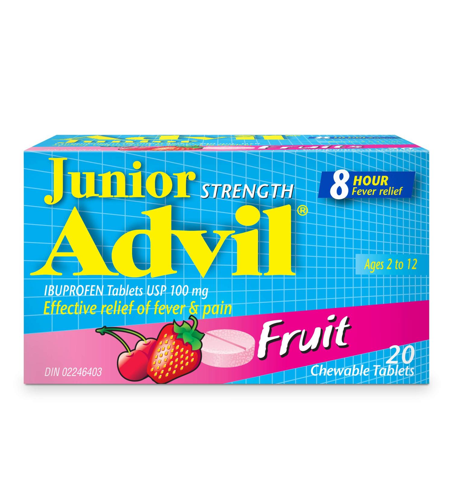 Junior Strength Advil (20 Count Fruit Flavour) Ibuprofen Chewable Tablets fever reducer/pain reliever Fruit (Fever & Pain) 20 Count (Pack of 1) - Buy Online on GoSupps.com