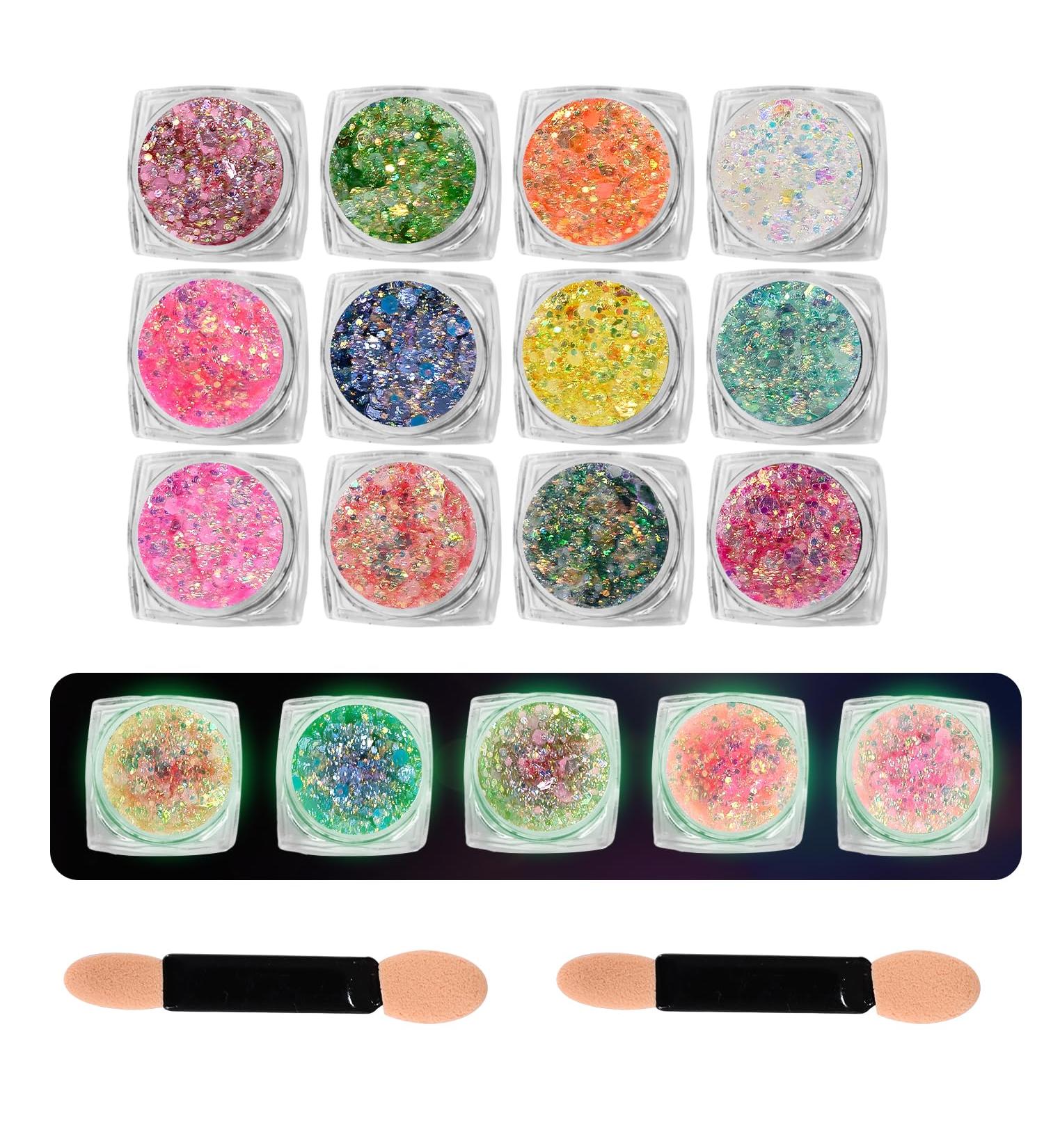  BUCOMTU Festival Glitter Face 12 Colours Gel Fluorescent Chunky Sequin Face Body Powder Glitter Accessory Festival Gadget Body Glitter for DIY Nails Carnival Halloween Party - Buy Online on GoSupps.com