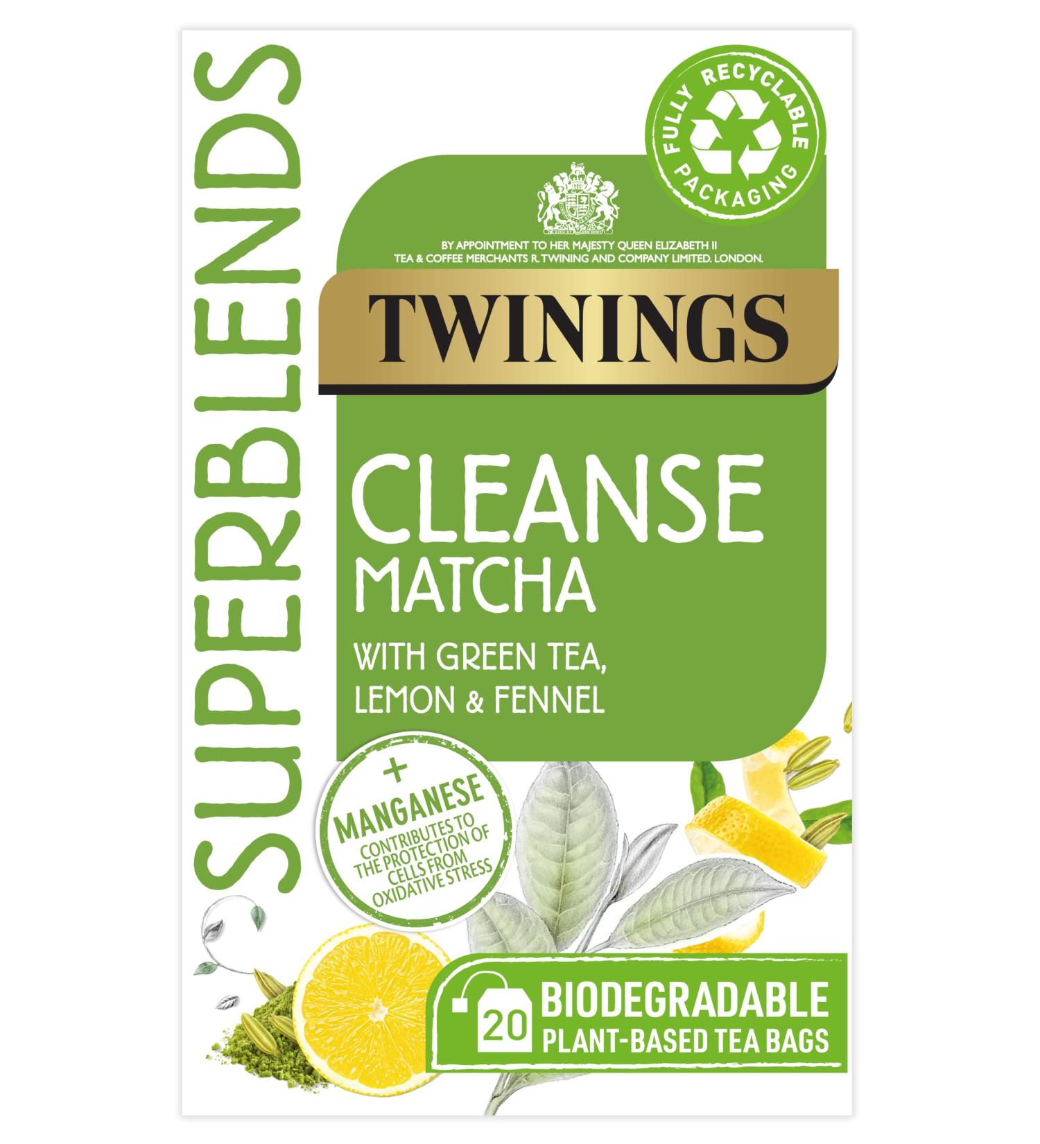 Twinings Superblends Cleanse Tea - Green Tea Herbal Infusion with Matcha, Lemon & Fennel Seeds - 20 Biodegradable Tea Bags - Buy Online on GoSupps.com