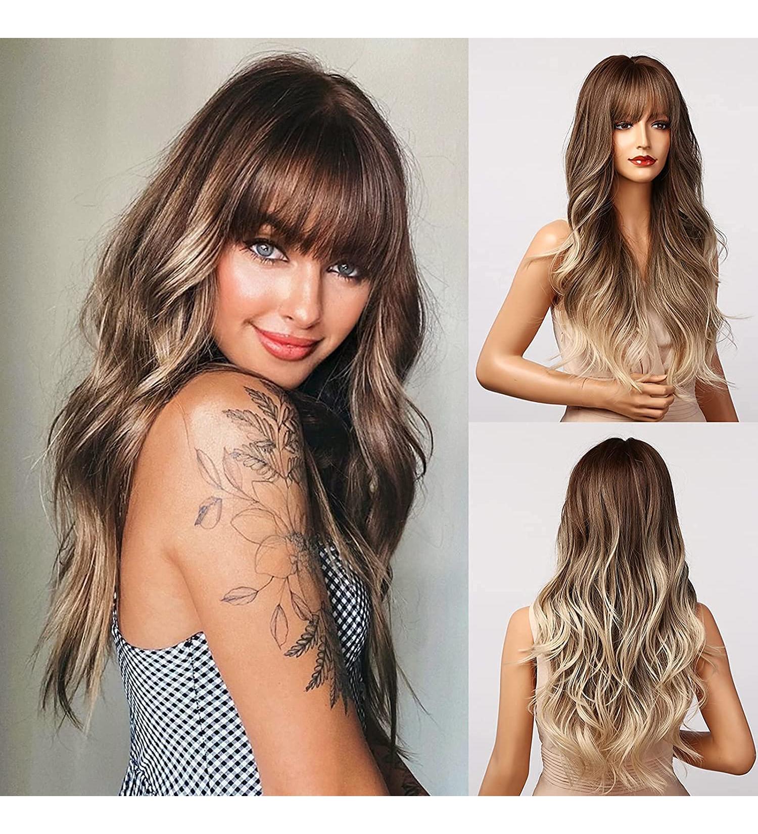 Honybia Ombre Brown Wig with Bangs | Light Brown Wigs for Women | Synthetic Heat-Resistant Wavy Hair for Cosplay & Parties - Buy Online on GoSupps.com