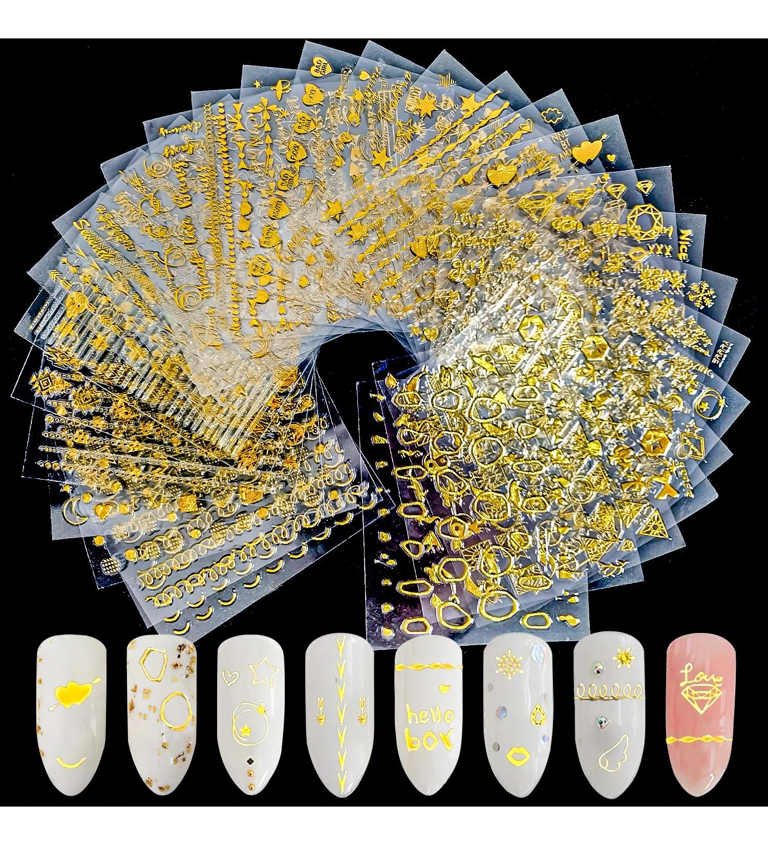 CHANGAR 30 Sheets Gold Nail Art Stickers 3D Self-Adhesive Gold Nail Decals Star Snowflake Geometry Line Nail Supplies Multi Theme Pattern Nail Designs for Women Girls Nail Art Decorations - Buy Online on GoSupps.com