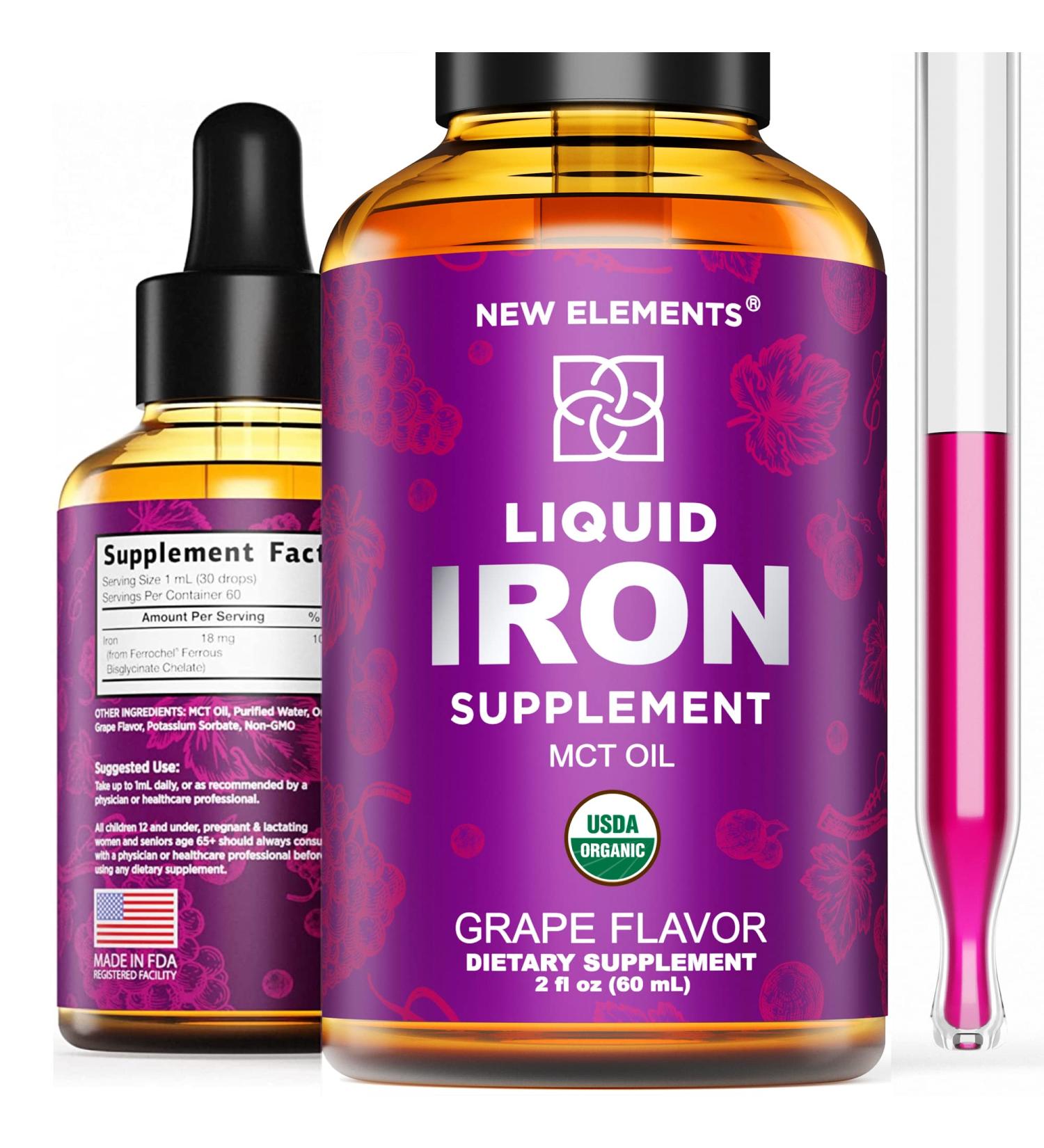 Organic Liquid Iron Supplement for Women & Men | Blood Builder Vitamin for Anemia | Natural Grape Flavor with MCT Oil | Immune Support | 2 Fl Oz - Buy Online on GoSupps.com