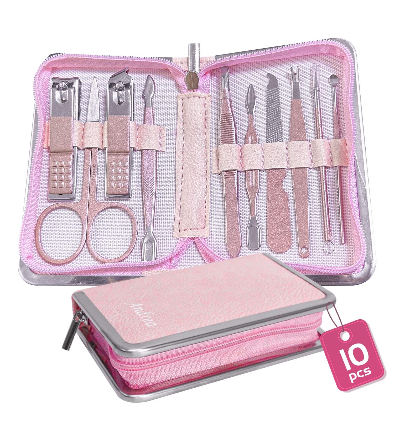 Women's Manicure Set 10 in 1 Nail Clipper Kit with Luxury Leather Bag - Pink | Travel-Friendly & Great Gift Choice - Buy Online on GoSupps.com