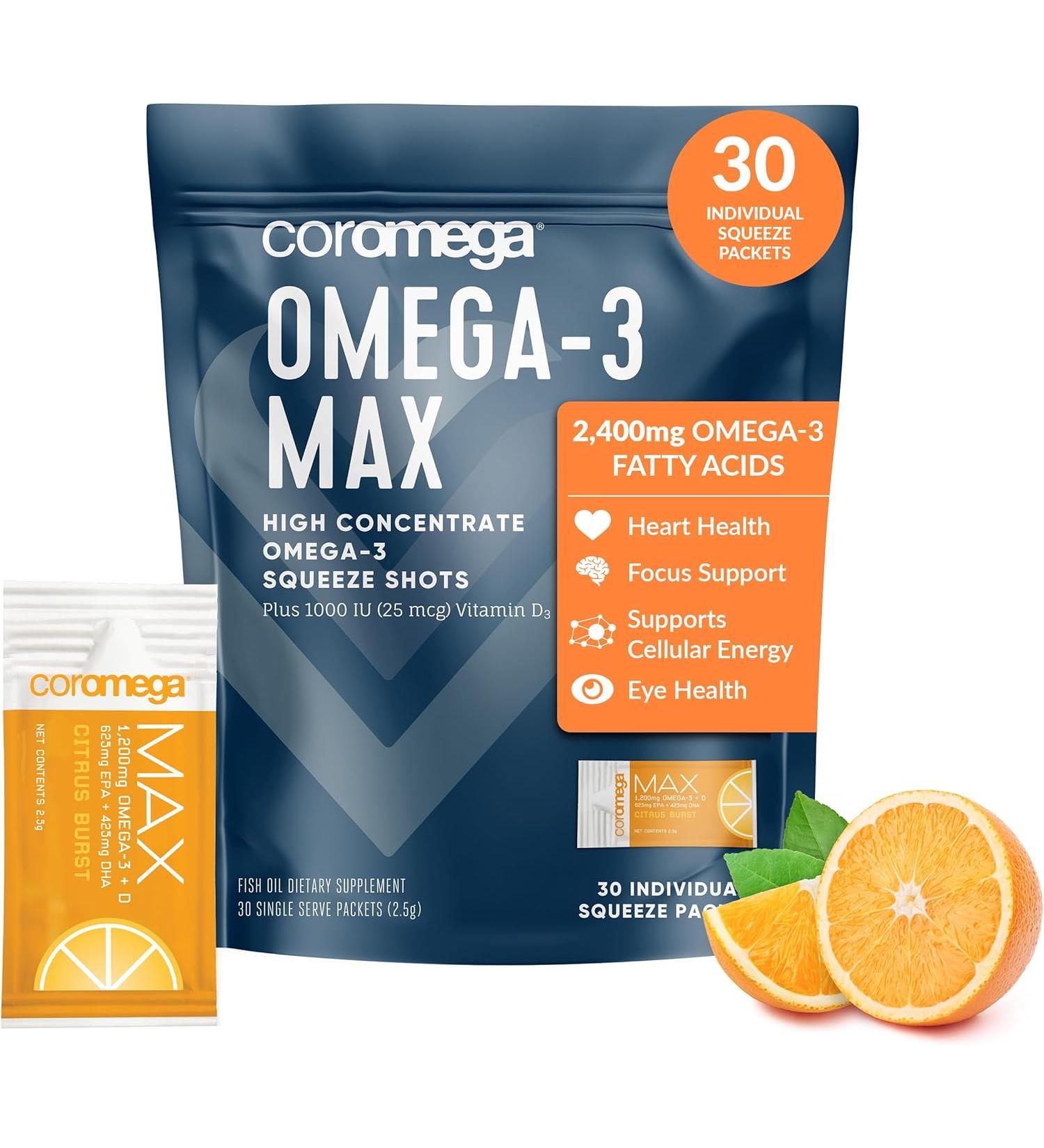 Coromega MAX Omega-3 Fish Oil 2400mg | 30 Citrus Burst Packets | Superior Absorption & Anti-Inflammatory Support - Buy Online on GoSupps.com