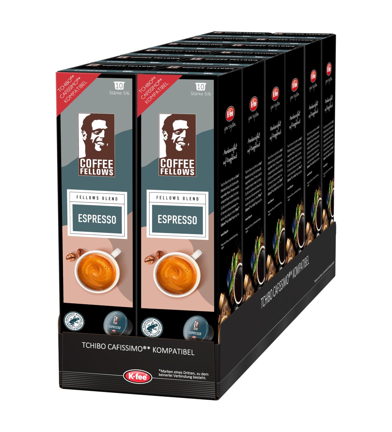 Kfee System Kfee Coffee Fellows Blend Espresso coffee capsules intensity 56 compatible with Kfee & Tchibo Cafissimo* chocolatefruity aromas 120 capsules 12 x 10 pieces - Buy Online on GoSupps.com
