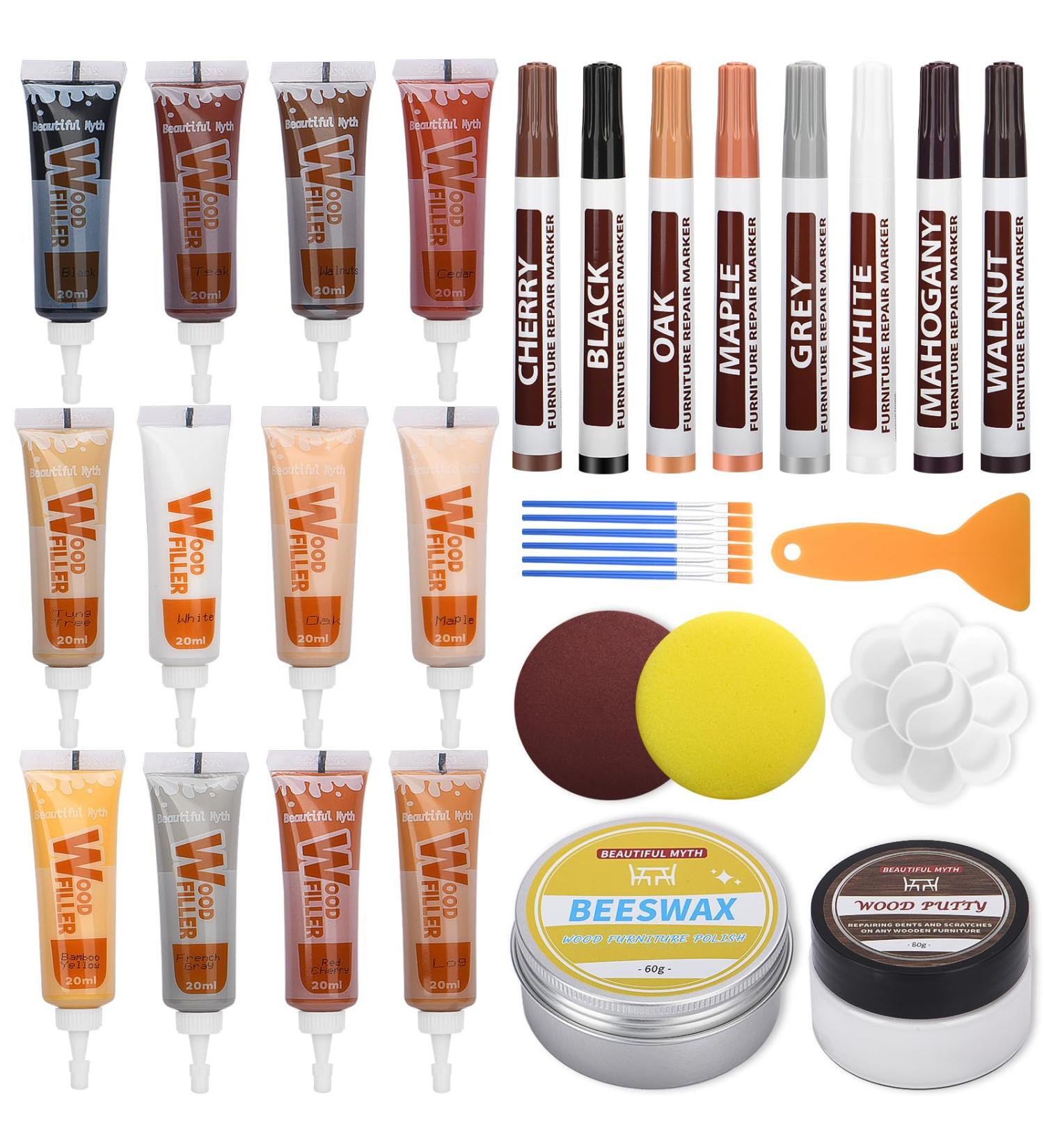 Wood Furniture Repair Kit - 33 Piece Set with Filler Touch Up Markers & Beeswax for Scratches Cracks & Stains | Perfect for Cabinets Tables & Hardwood Floors - Buy Online on GoSupps.com