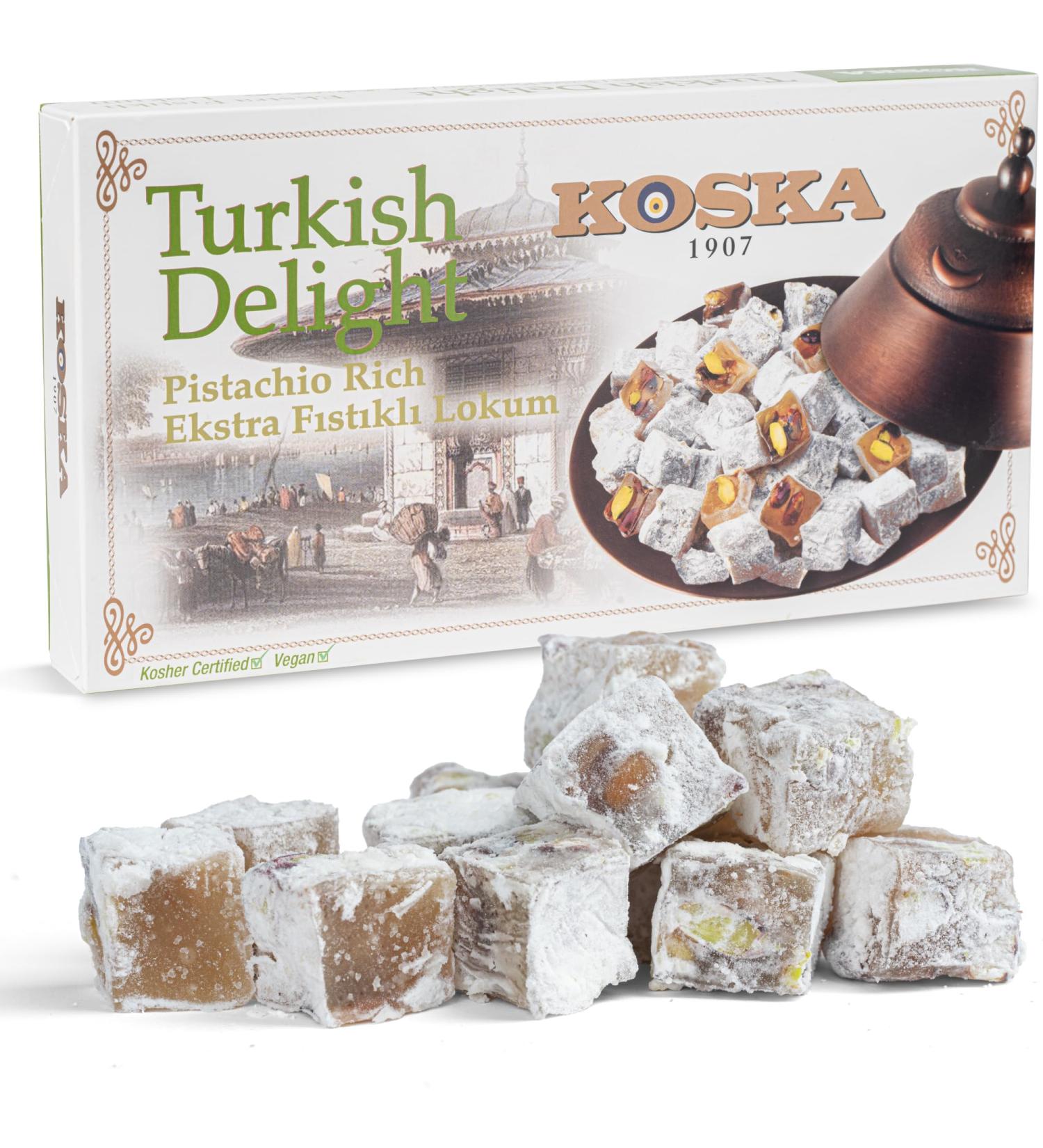 Extra Pistachio Turkish Delight 500g I Koska Pistachio Turkish Delight | Gift Size 500 gr | Traditional Luxury Confectionery | Vegan | Halal | Kosher | Lokum Soft Candy | Gluten Free - Buy Online on GoSupps.com