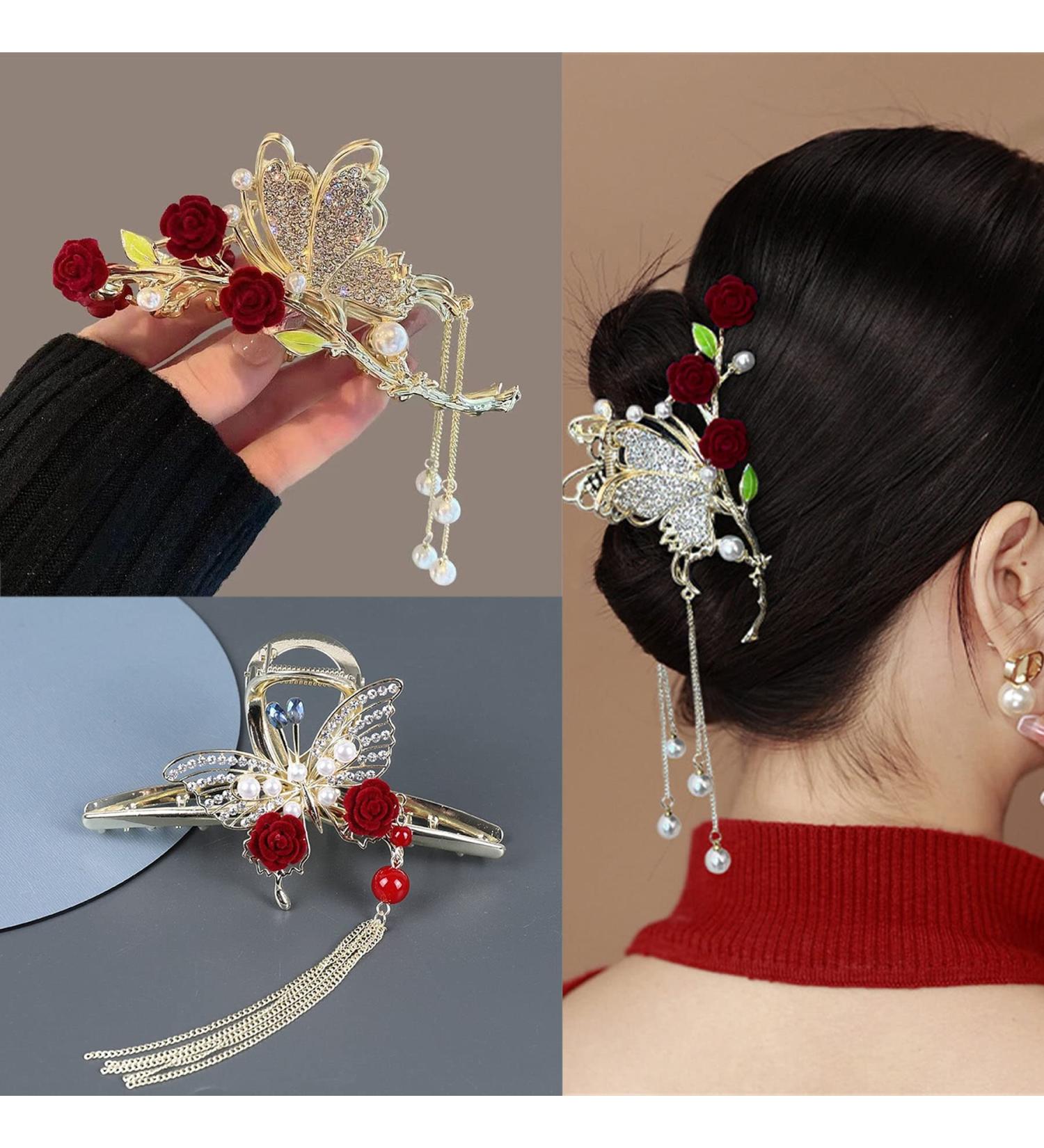 Large Rose Metal Butterfly Hair Claw Clips 2Pcs - Women's Big Nonslip Hair Accessories - Buy Online on GoSupps.com