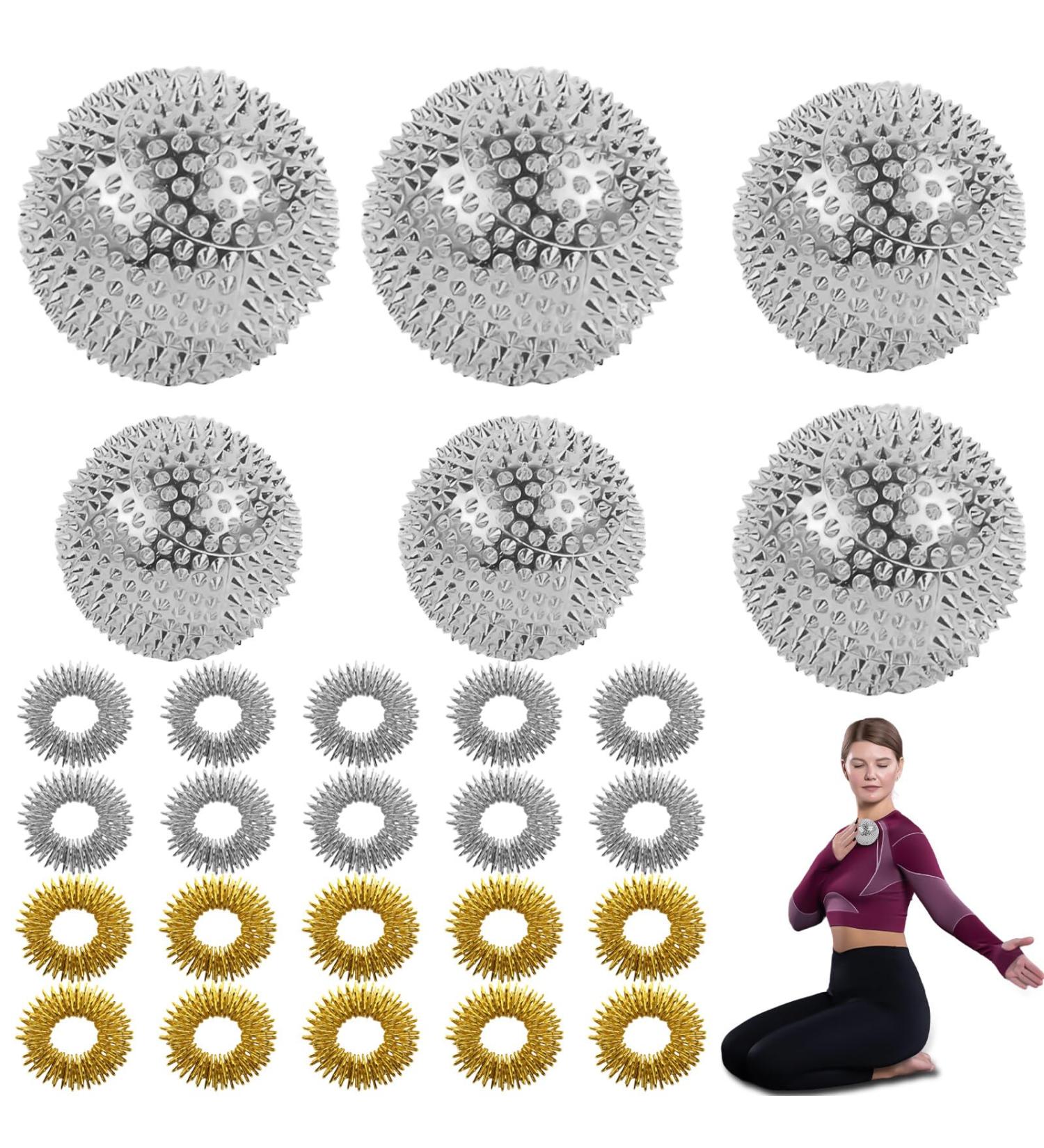 6-Piece Massage Balls Set with 20 Acupressure Rings - Silver Spiked Hedgehog Balls for Stress Relief | 32mm 47mm 56mm Massage Tools - Buy Online on GoSupps.com