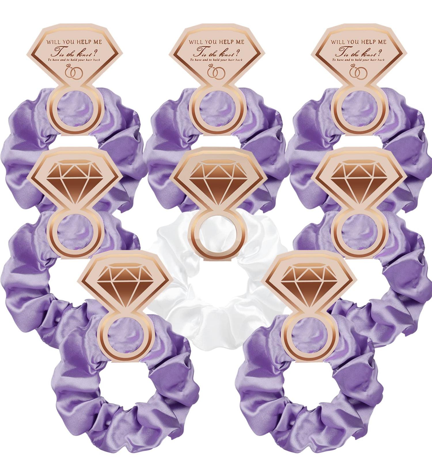 Bridesmaid Satin Scrunchies Set - 8pcs Hair Ties for Wedding Parties & Bridal Shower, Soft Elastic Hair Bands in White and Purple - Buy Online on GoSupps.com