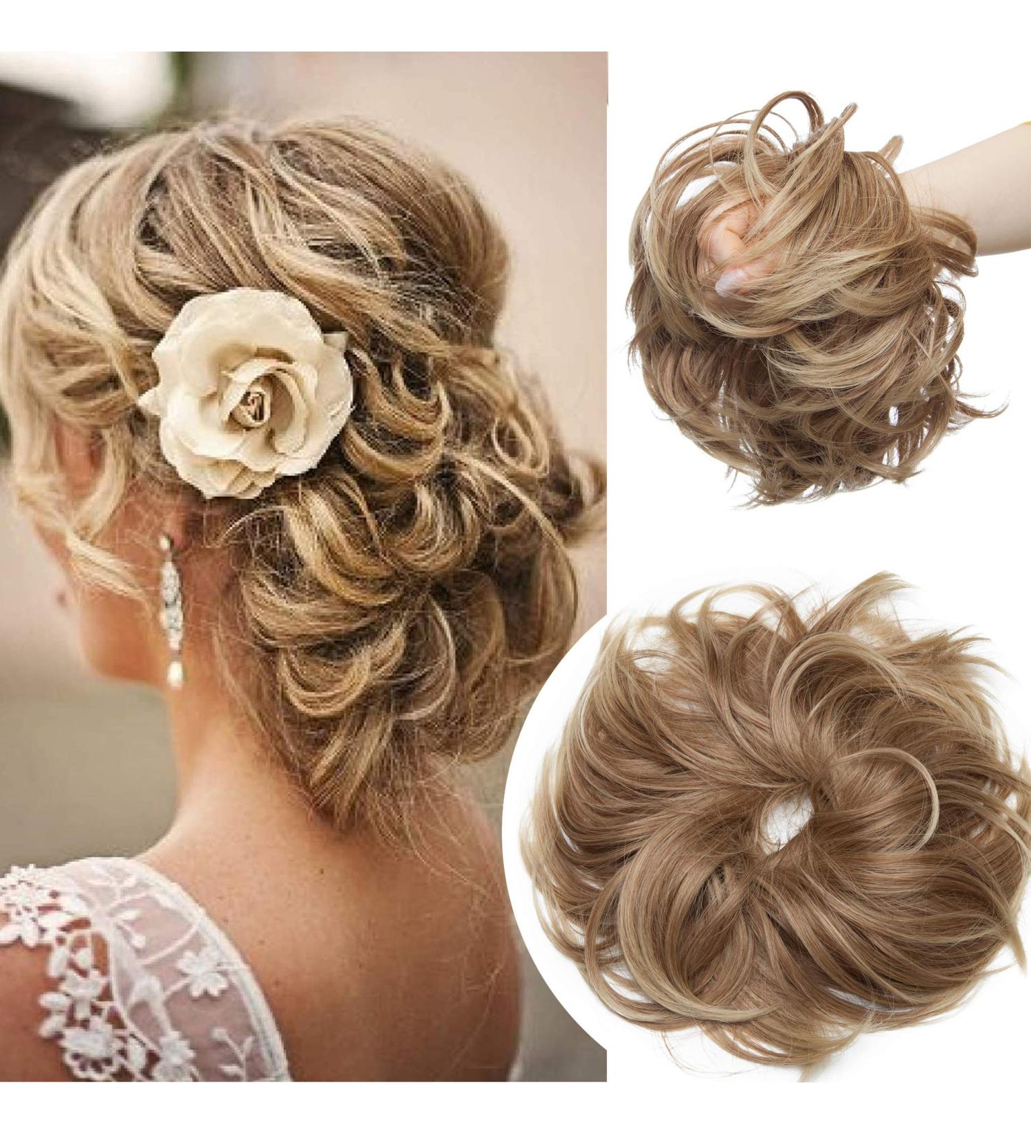 Buy Thick 80g Large Hair Tie Extensions | Messy Bun Updos | Voluminous Light Brown & Blonde Highlights - Buy Online on GoSupps.com