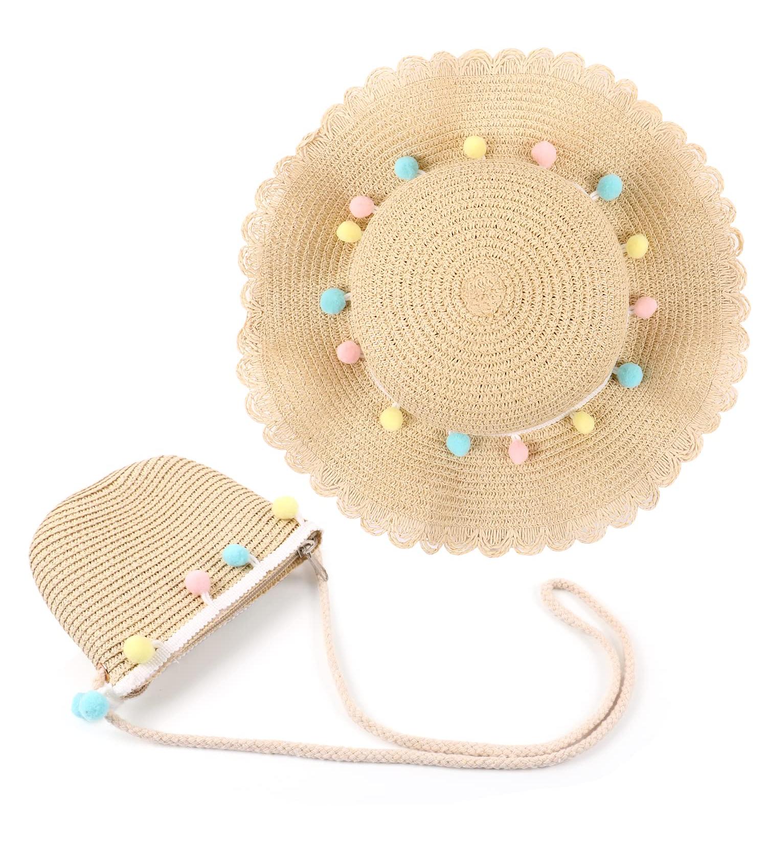 Mamunu Straw Hat & Small Bag Set for Girls - Summer Sun Hat with Flower Decoration for Travel Beach & Outdoor Activities - Size 03 Beige - Buy Online on GoSupps.com