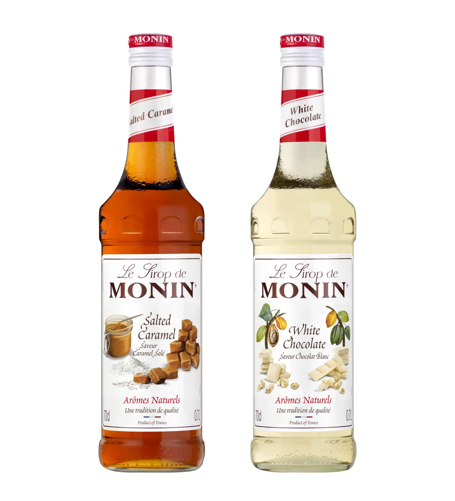 MONIN - Salted Caramel Syrup and White Chocolate Assortment for Coffee Cappuccino Latte and Hot Chocolate - Natural Flavours - 2 x 70cl - Buy Online on GoSupps.com