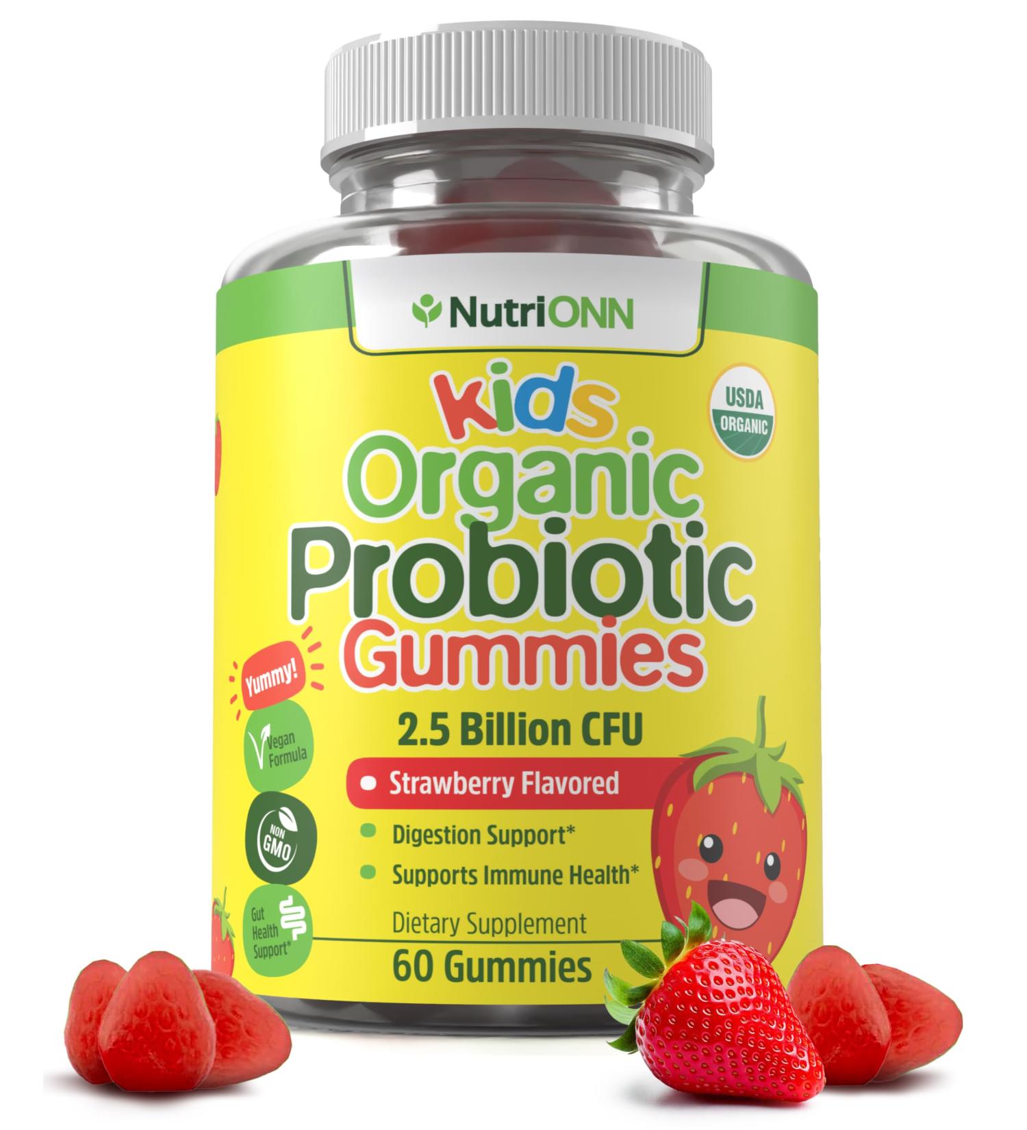 NutriONN Organic Kids Probiotic Gummies - USDA Organic Chewable Probiotics for Kids - 60 Delicious Gummies - Child Digestive Immune Support & Gut Health Supplement - Vegan & Non-GMO - Buy Online on GoSupps.com