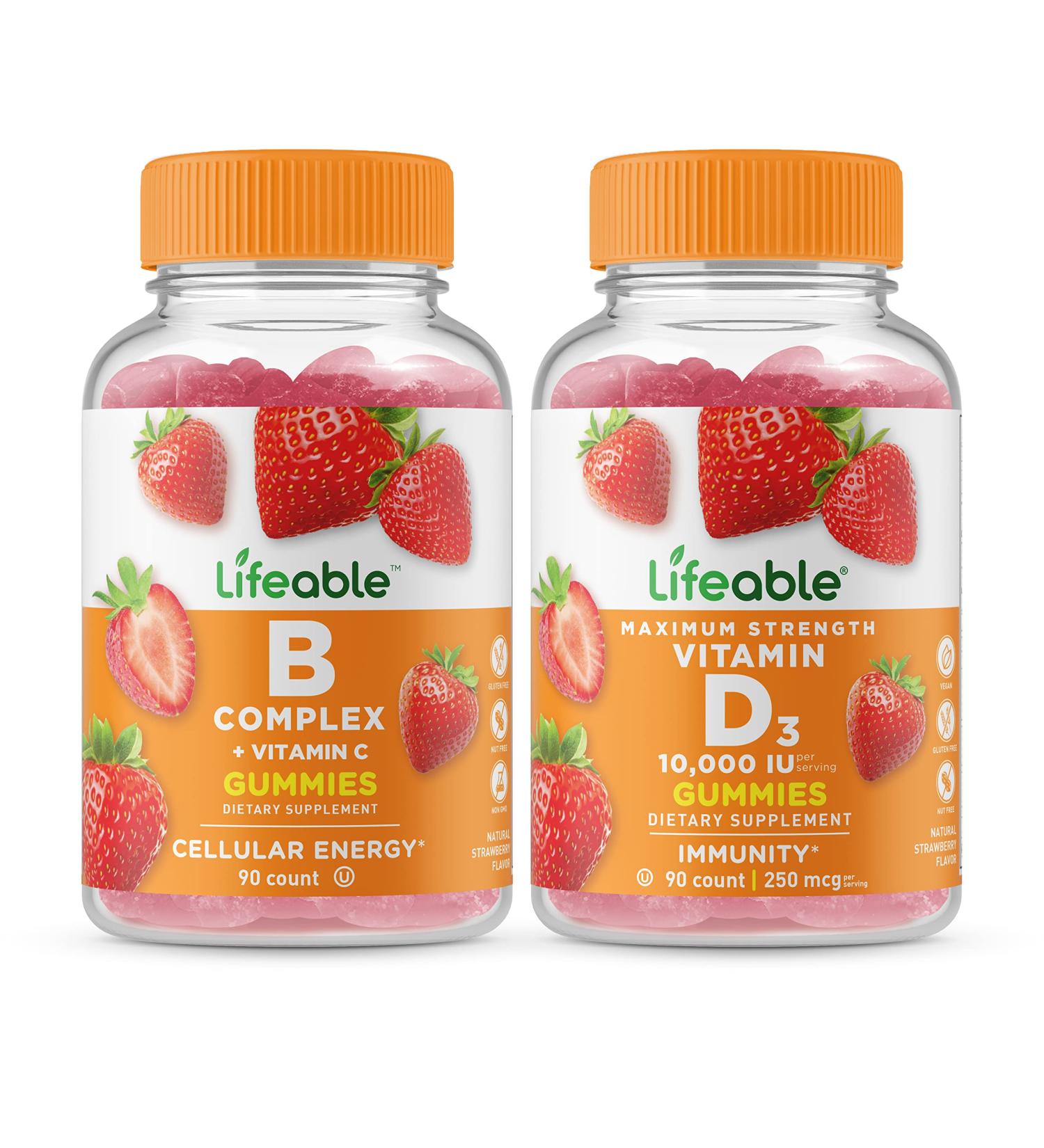 Lifeable B Complex + Vitamin D 10000 IU Gummies Bundle - Great Tasting Vitamin Supplement Gluten Free GMO Free Chewable - Buy Online on GoSupps.com