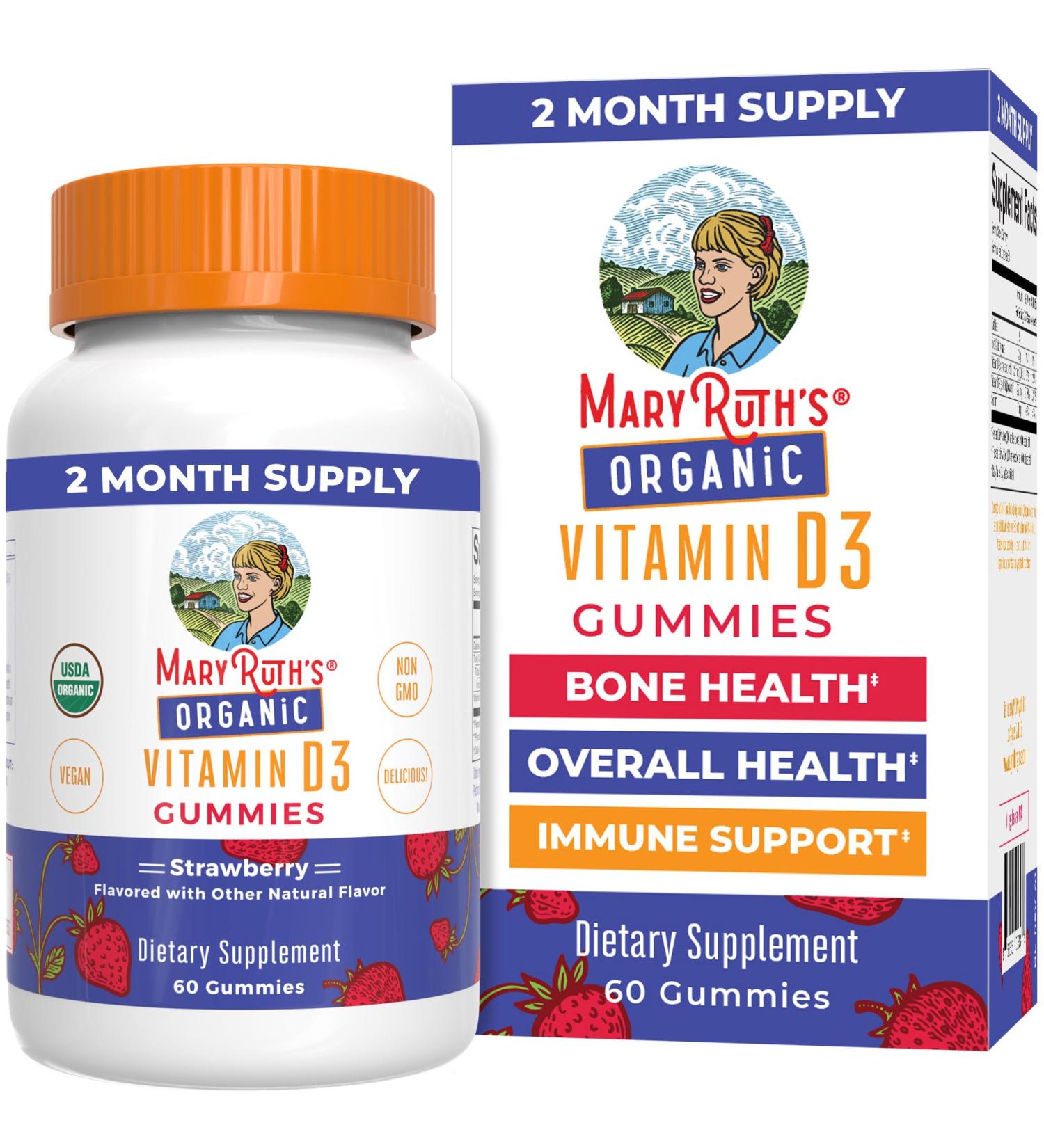 MaryRuth's Organic Vitamin D3 Gummies | 1000 IU | USDA Organic | Immune Support| Bone Health | Muscle Function | for Adults & Kids Ages 2+ | Vegan | Gluten Free | 2 Month Supply | 60 Count - Buy Online on GoSupps.com