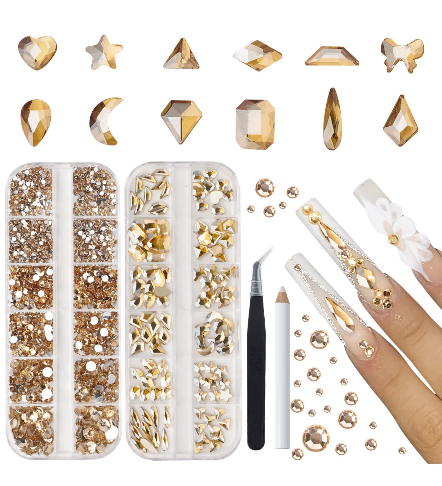 Canvalite 1820Pcs Champagne Rhinestones Nail Gems | 12 Styles 3D Glass Crystals | Nail Rhinestones with Rhinestones Picker & Tweezers | Multi Shape Flatback Face Gems for Nail Art - Buy Online on GoSupps.com
