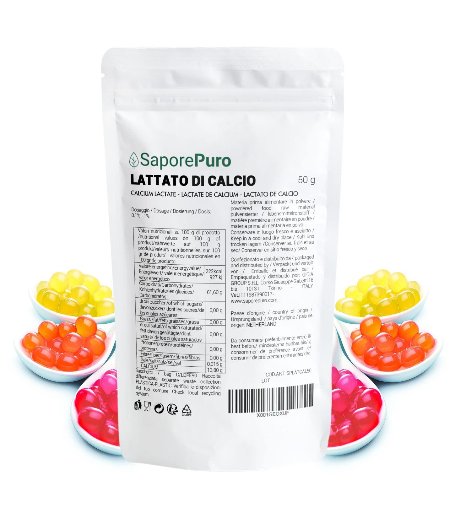 Saporepuro calcium lactate powder 50 gr - Ideal for spherification in molecular cuisine 50 g (1 pack)