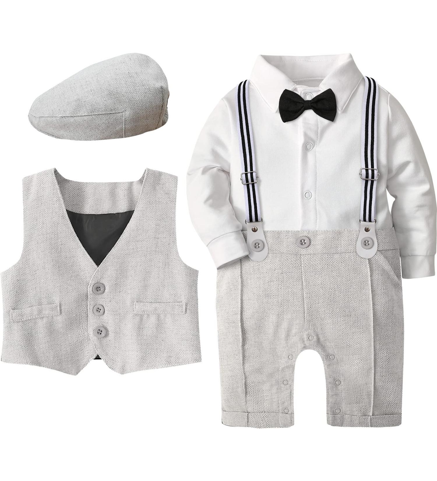 Mint Green Baby Boy Romper Suit | Infant Gentleman Jumpsuit with Bow Tie Waistcoat | 9-12 Months Light Grey - Buy Online on GoSupps.com