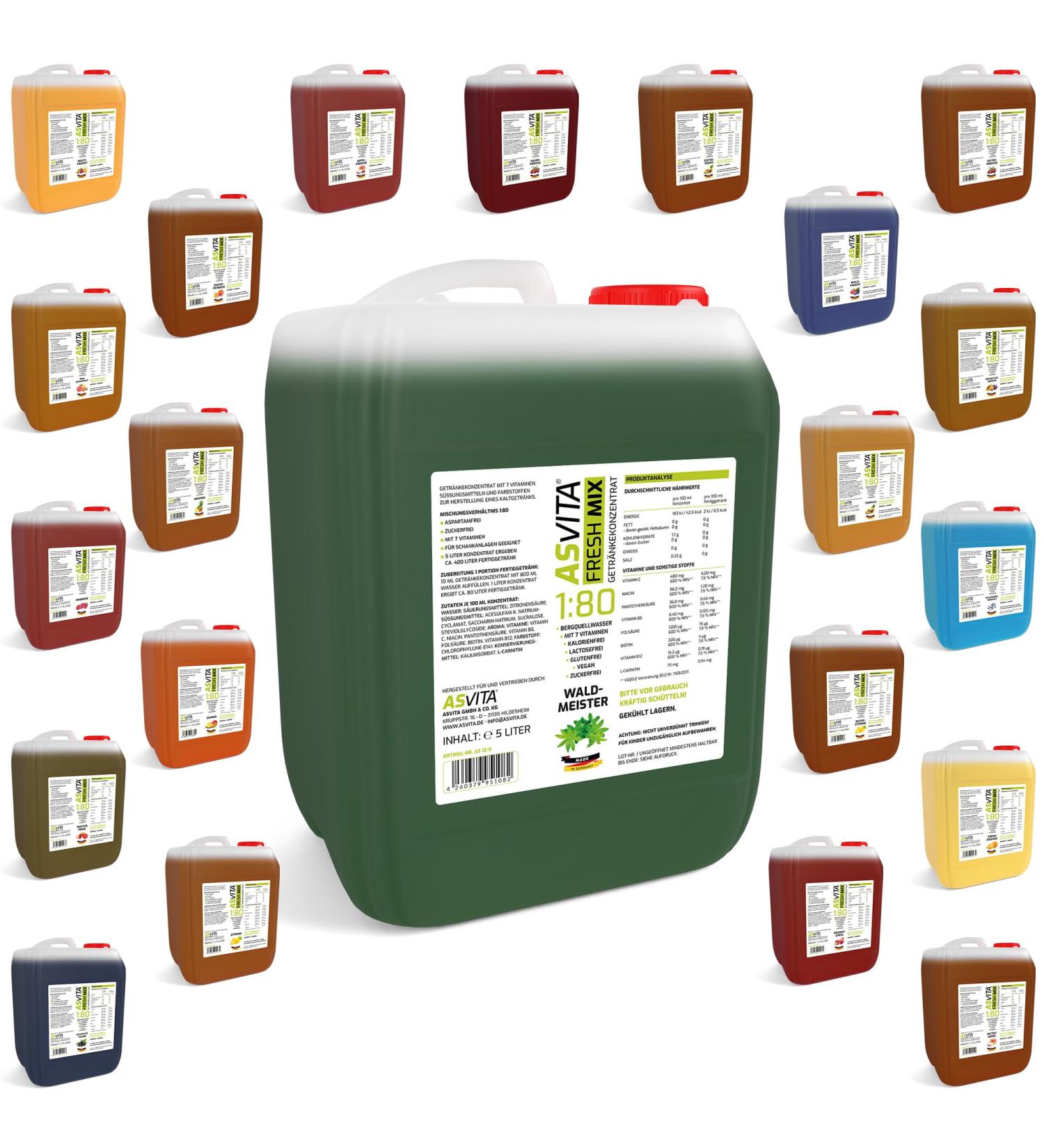 ASVITA Beverage Concentrate Fresh Mix 1:80 | 5L Canister | Sugar-Free Syrup | 22 Delicious Flavors (Woodruff) - International Shipping Available - Buy Online on GoSupps.com