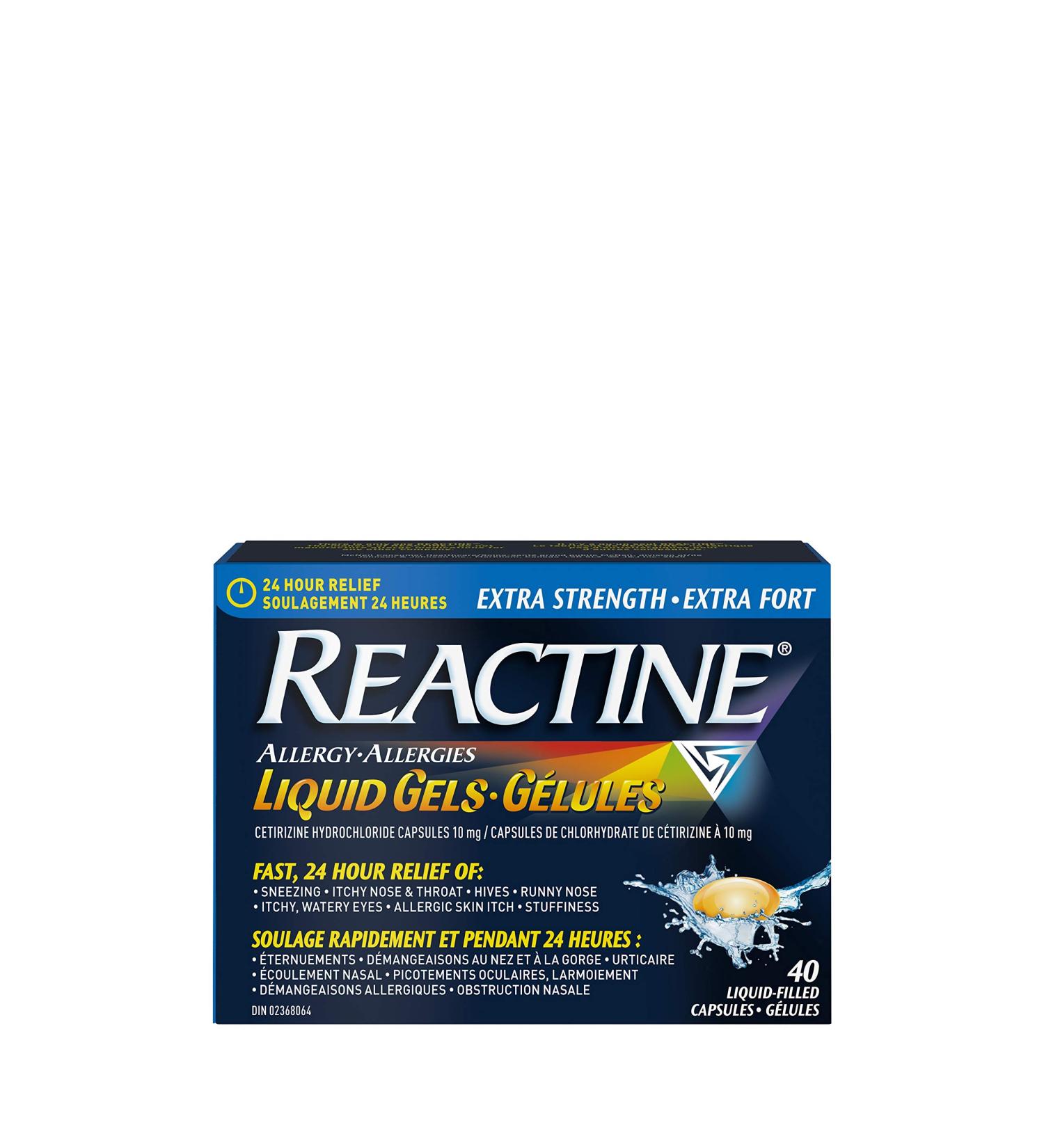 Reactine Extra Strength Antihistamine Liquid Gel Pills - 10mg Cetirizine Hydrochloride - Allergy Relief Medicine - 40 Count - Buy Online on GoSupps.com