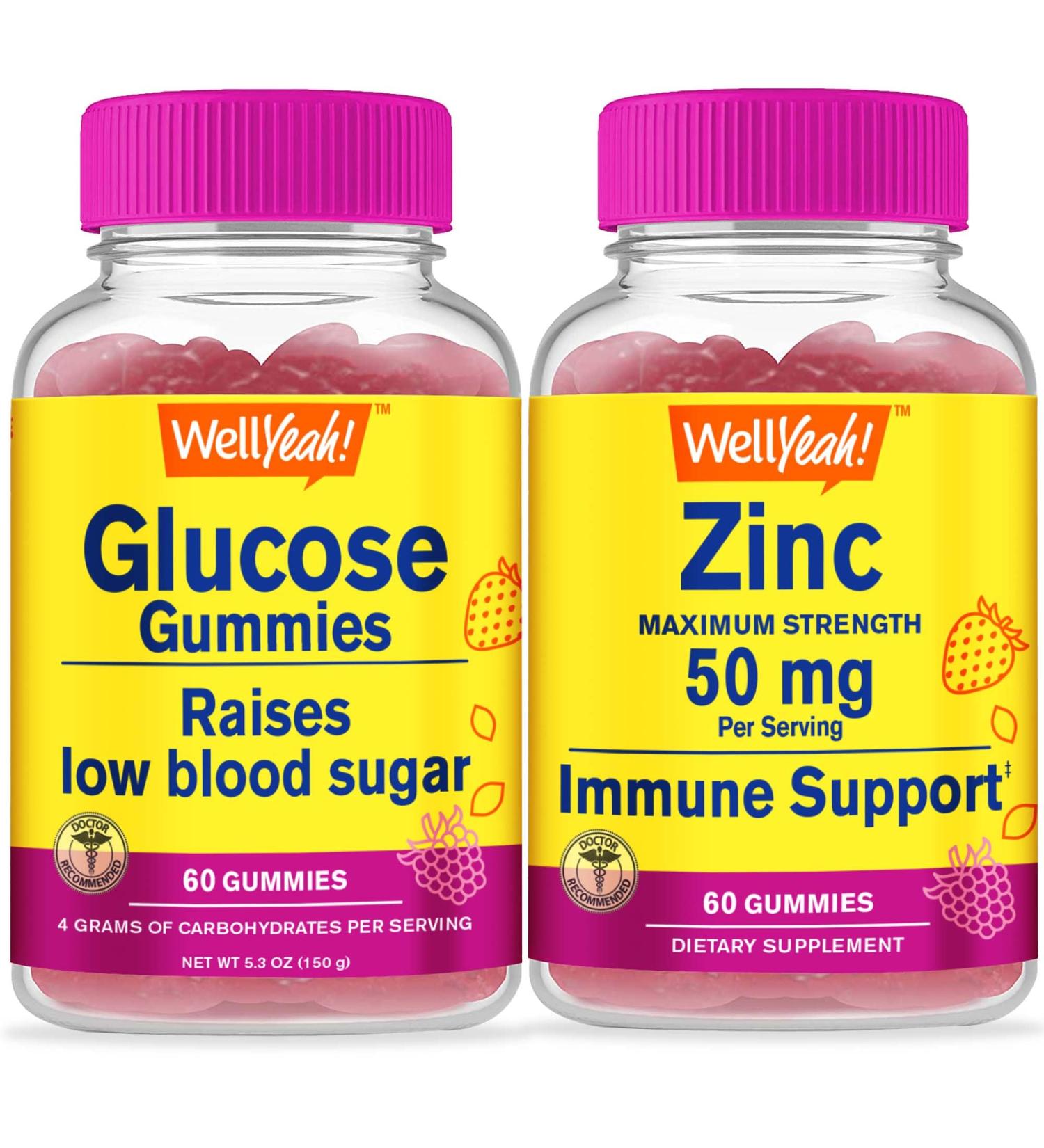 Glucose + Zinc 50mg Gummies Bundle for Low Blood Sugar & Immune Support - Vegan, Gluten Free, Non-GMO - 60 Gummies - Buy Online on GoSupps.com