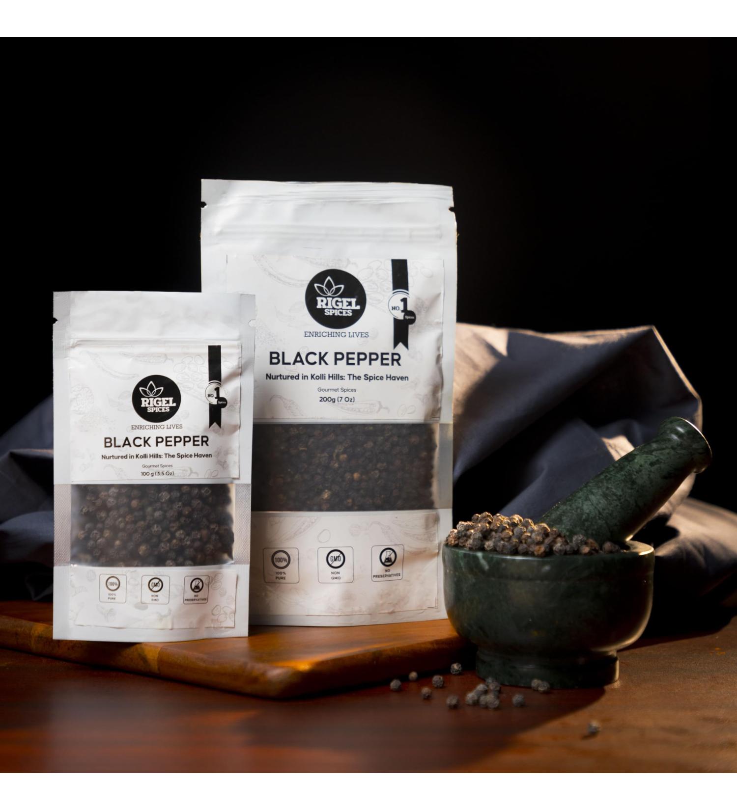 Rigel Spices Black Pepper Whole 100g | 3.5 oz | Sourced from Kolli Hills - Buy Online on GoSupps.com