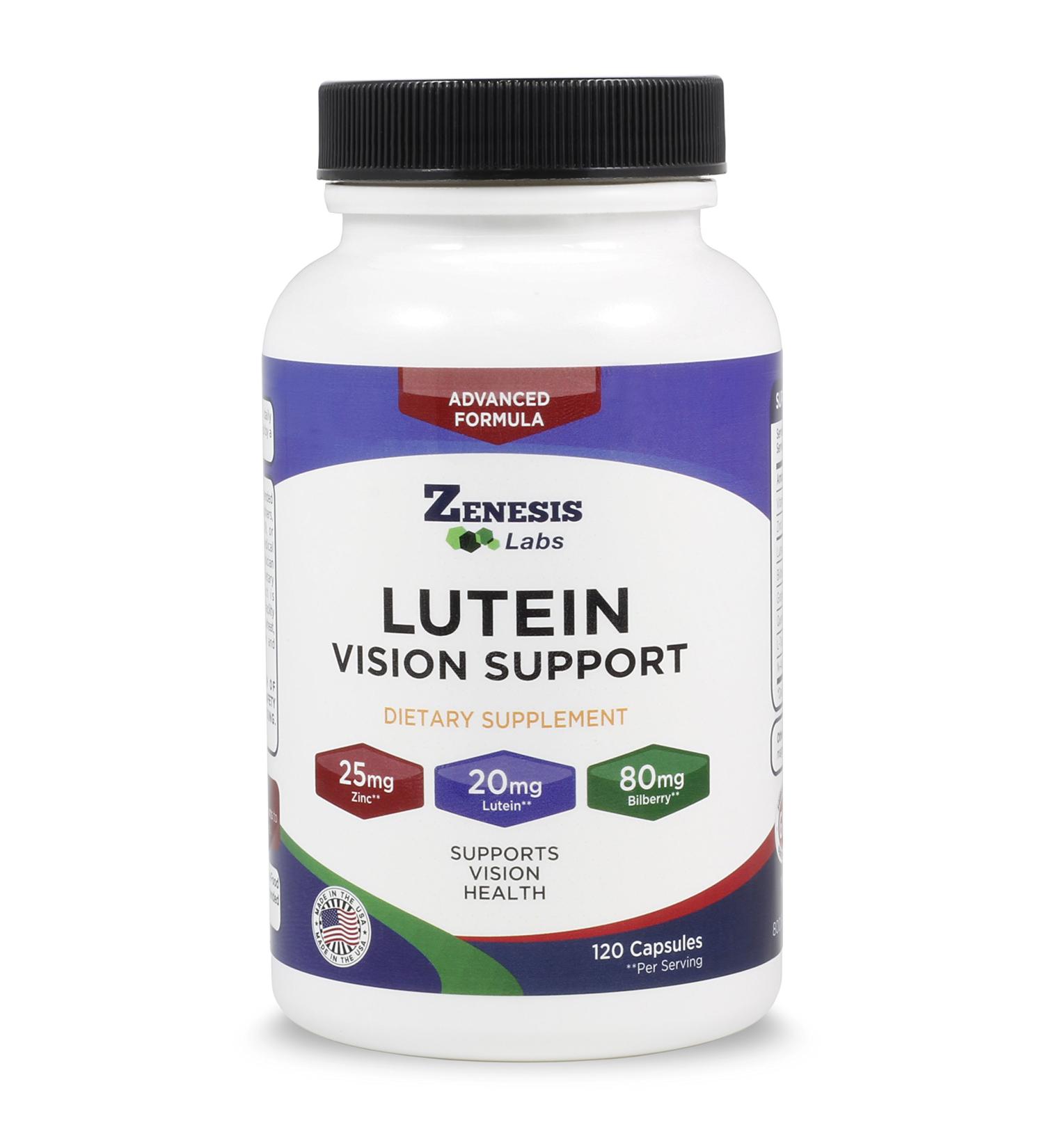 Zenesis Labs Lutein Vision Support - Essential Eye Vitamin - with Bilberry Beta-Carotene Zinc Grapeseed & Other Minerals - 120 Capsules - 60 Day Supply - Buy Online on GoSupps.com